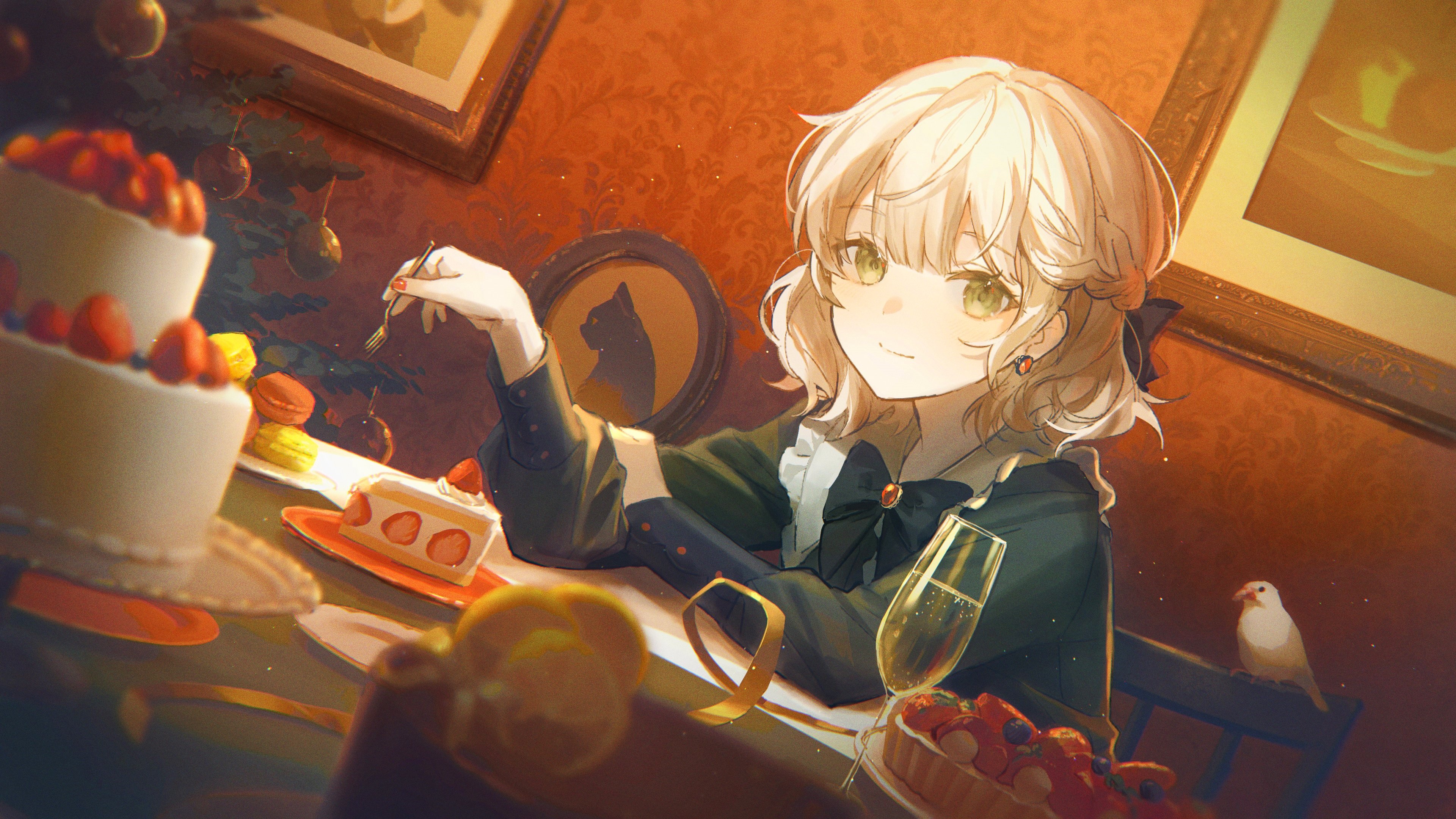 Anime girl in maid outfit eating cake with champagne HD Wallpaper