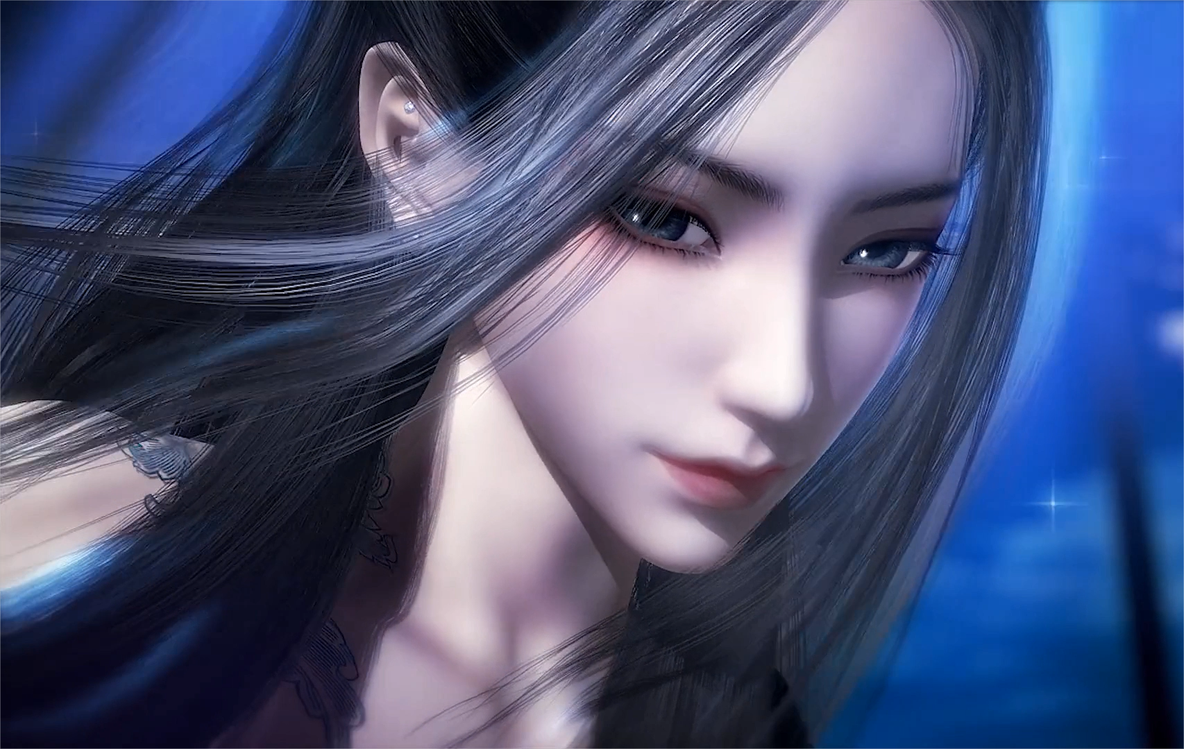 Close-up of a digital art character with long dark hair HD Wallpaper