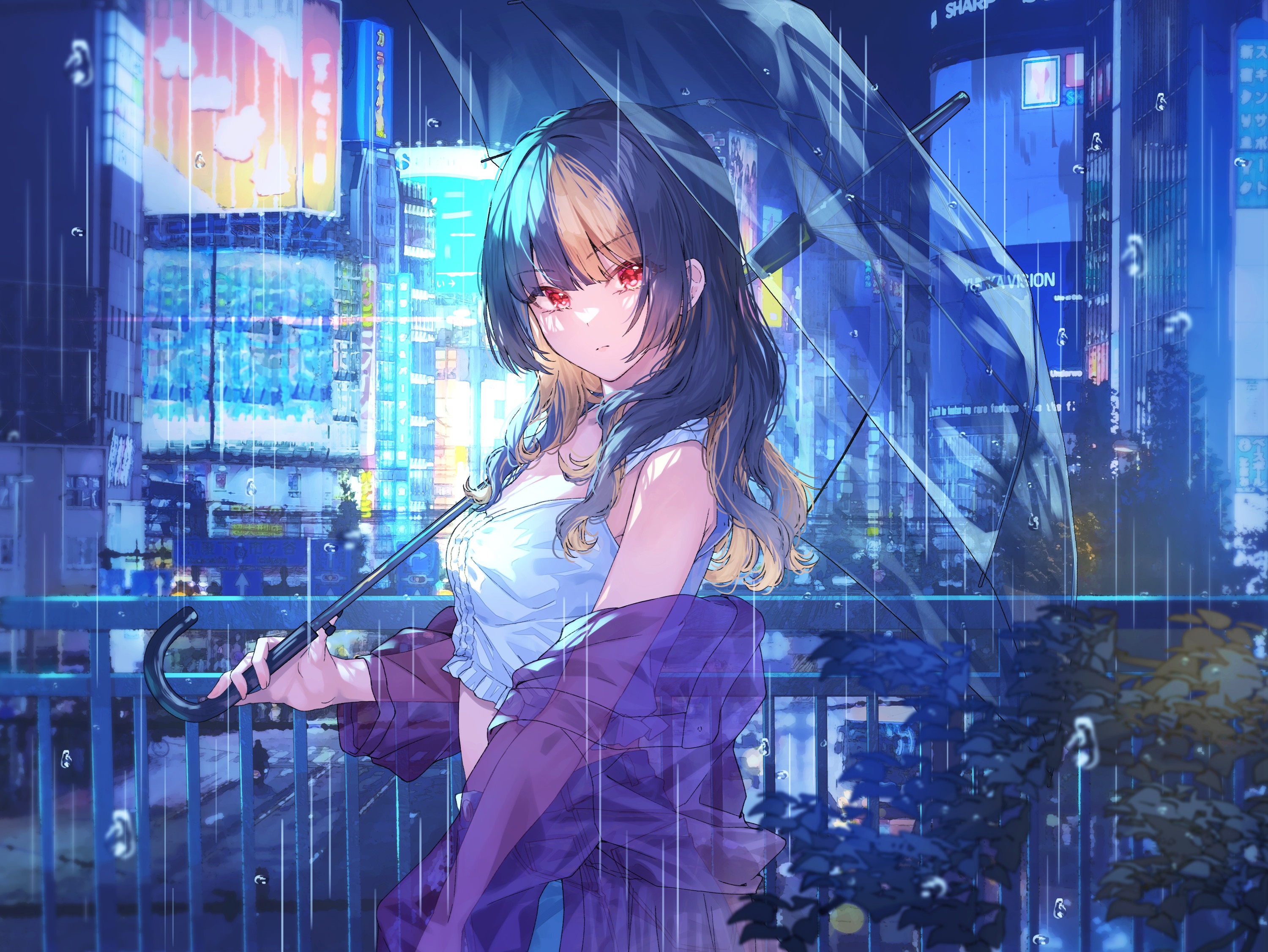 Anime girl with red eyes holding an umbrella in the rain HD Wallpaper
