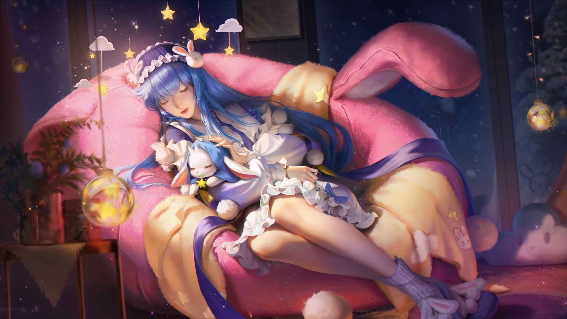 Anime girl with blue hair sleeping on a sofa with stars HD Wallpaper