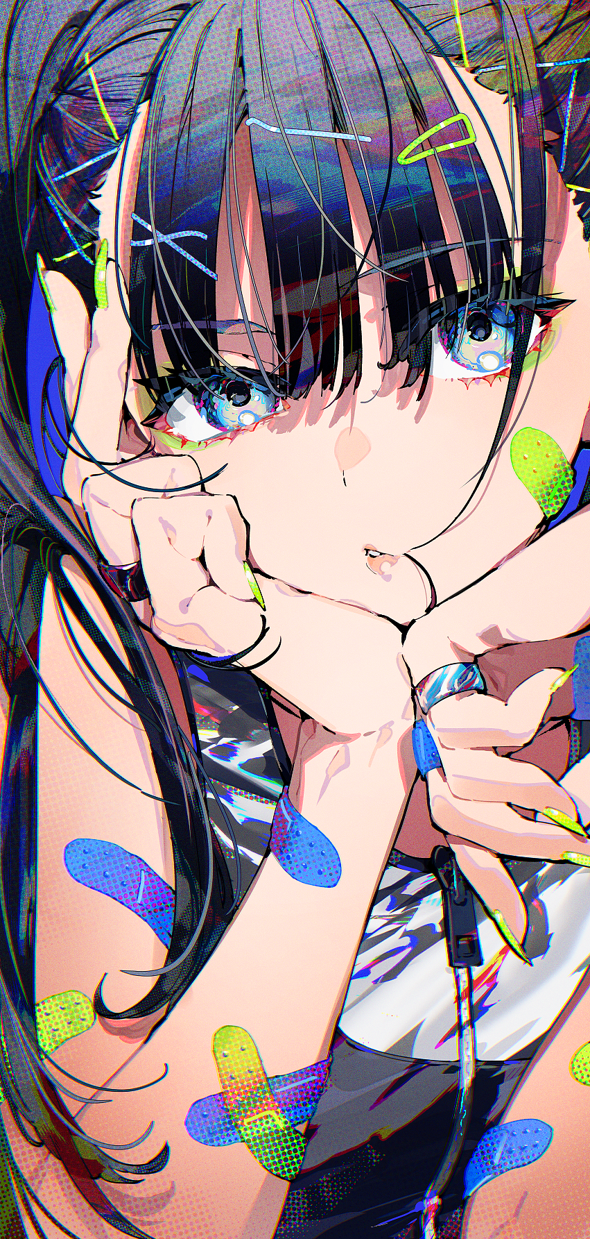 Mika Pikazo anime girl with blue eyes and band-aids HD Phone Wallpaper