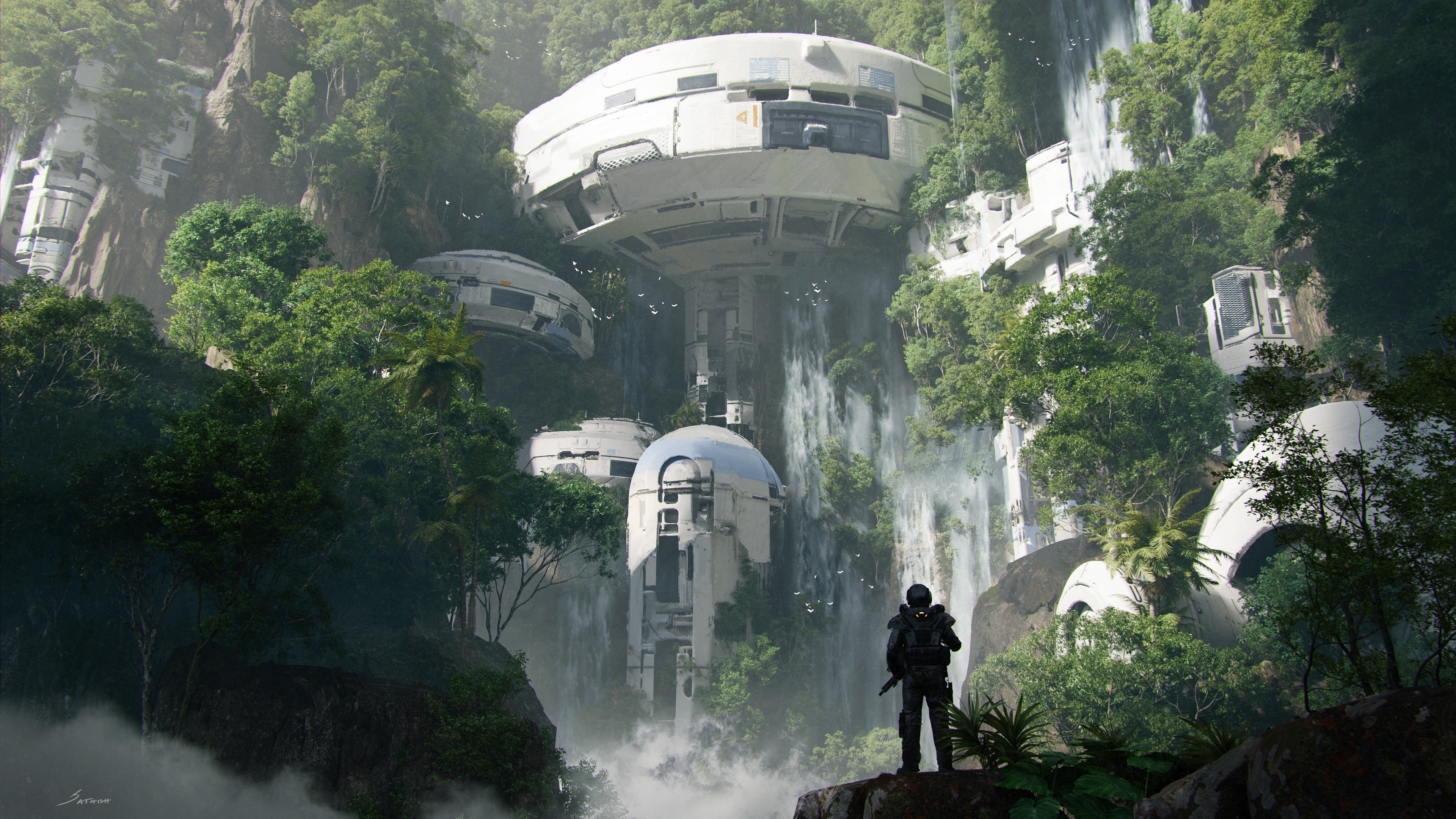 Futuristic buildings in a jungle with waterfalls HD Wallpaper