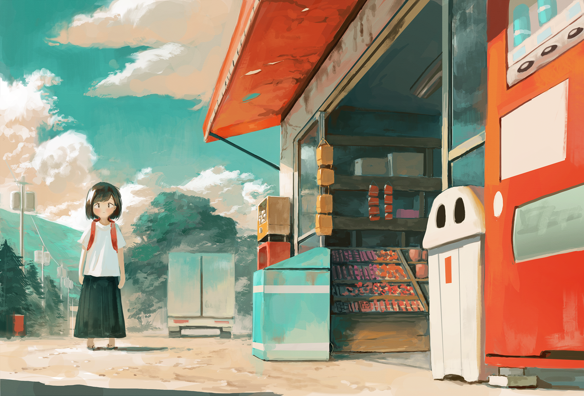 Schoolgirl at a roadside store with vending machines HD Wallpaper