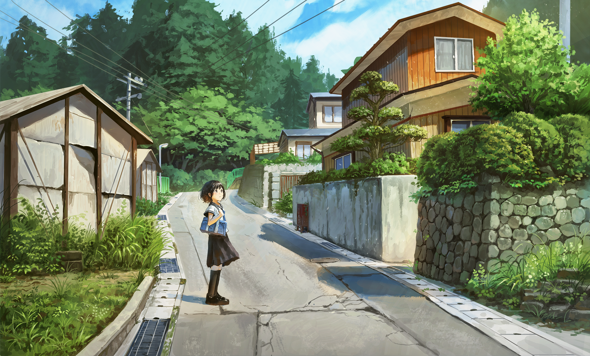 Schoolgirl on a road in a Japanese village HD Wallpaper