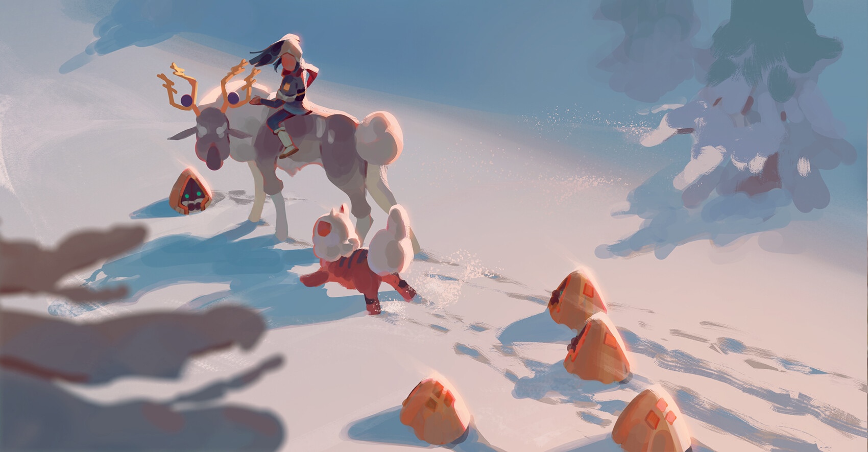 Pokémon trainer riding a reindeer through a snowy landscape HD Wallpaper