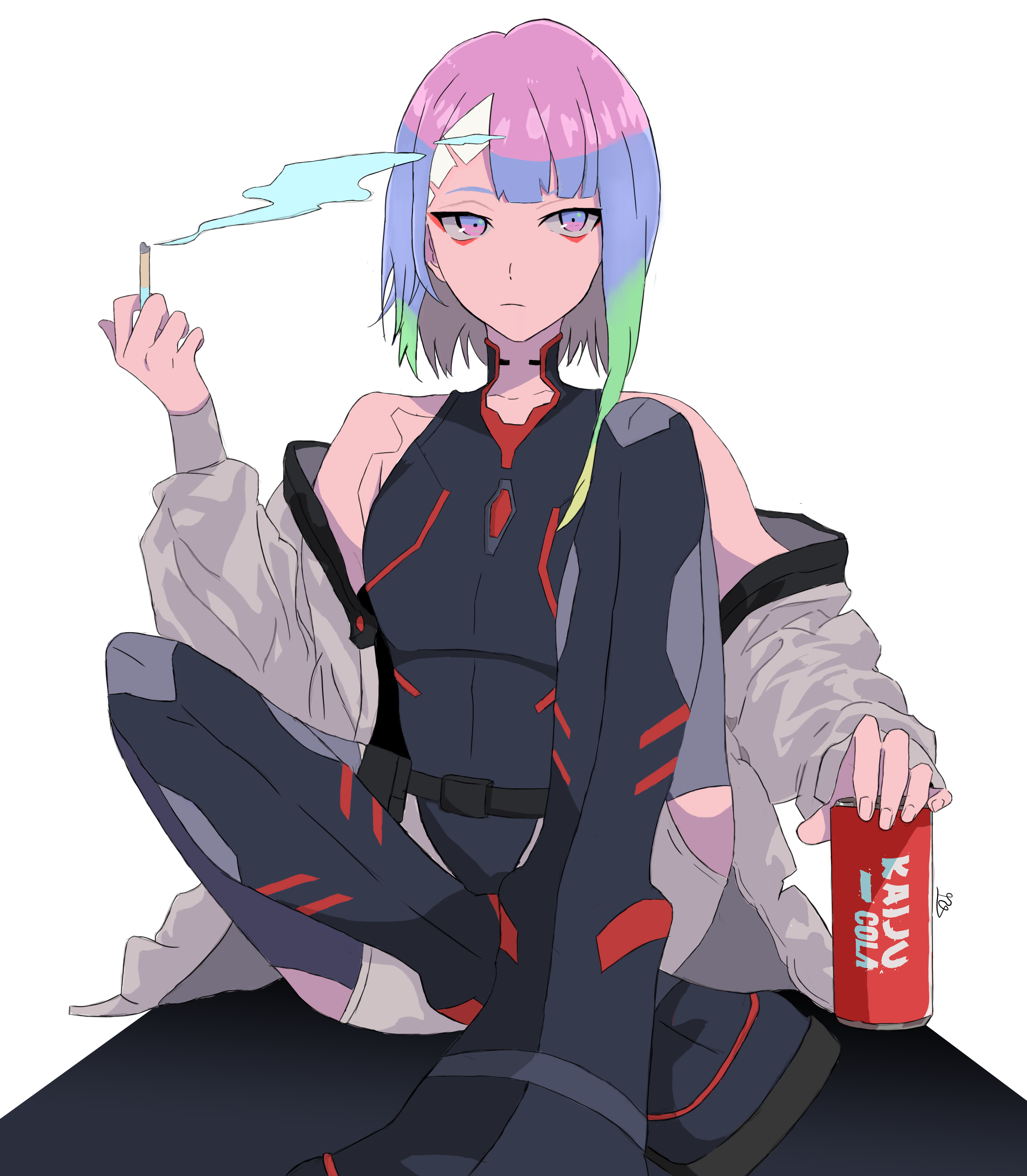 Lucy from Cyberpunk: Edgerunners smoking and holding a soda HD Phone Wallpaper