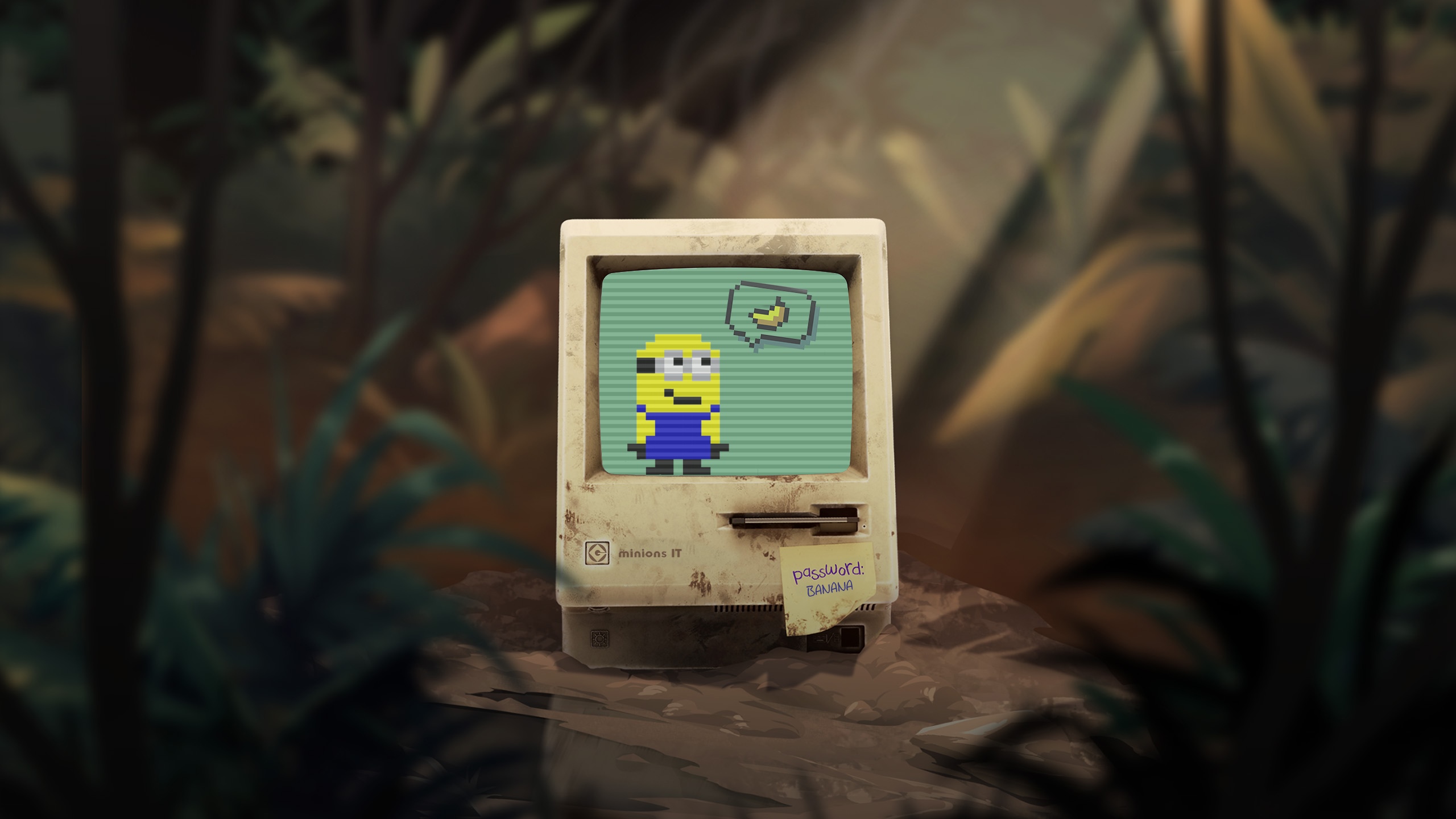 Minion on a pixelated computer with a banana HD Wallpaper