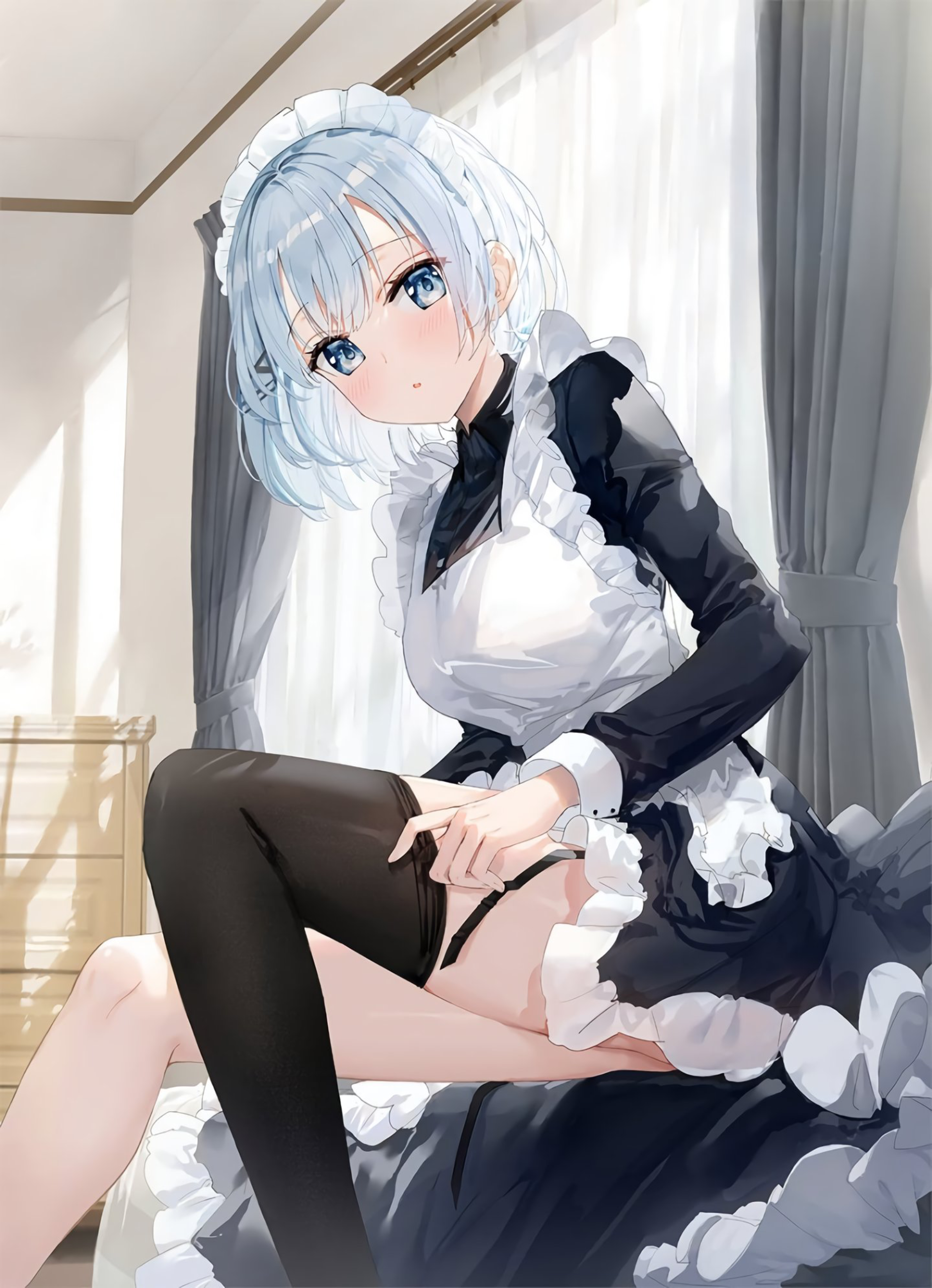 Anime girl in a maid outfit adjusting stocking HD Phone Wallpaper