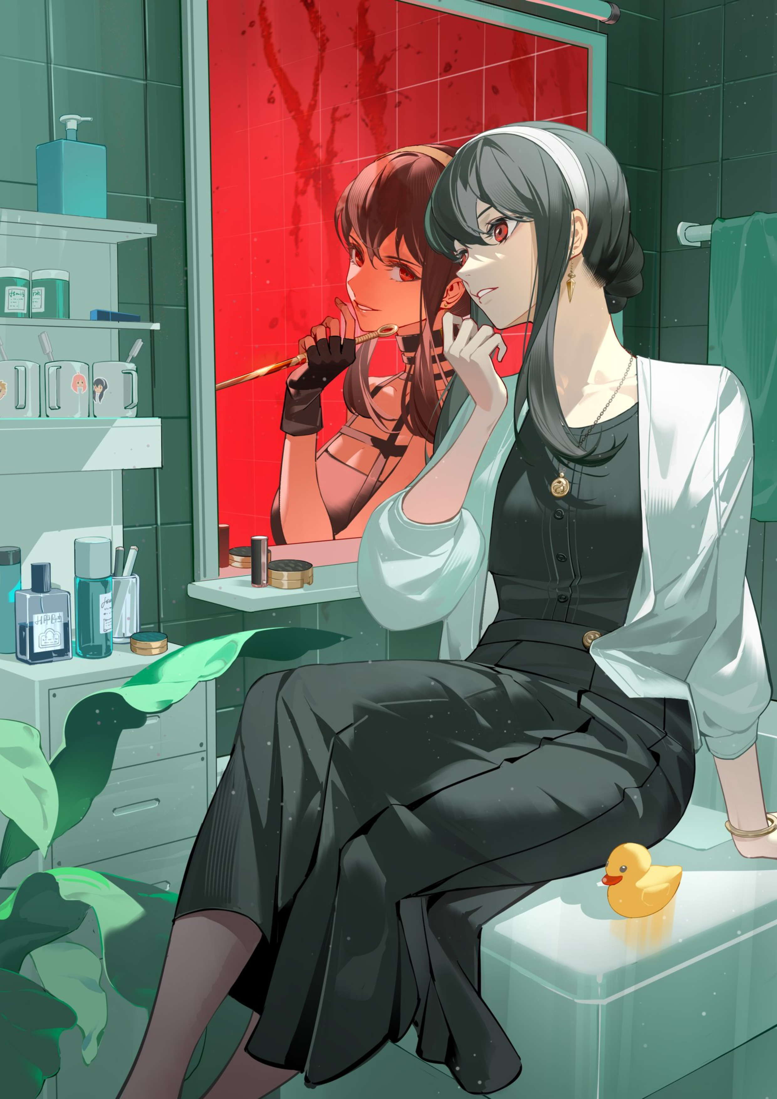 Yor Forger in a bathroom with her reflection HD Phone Wallpaper