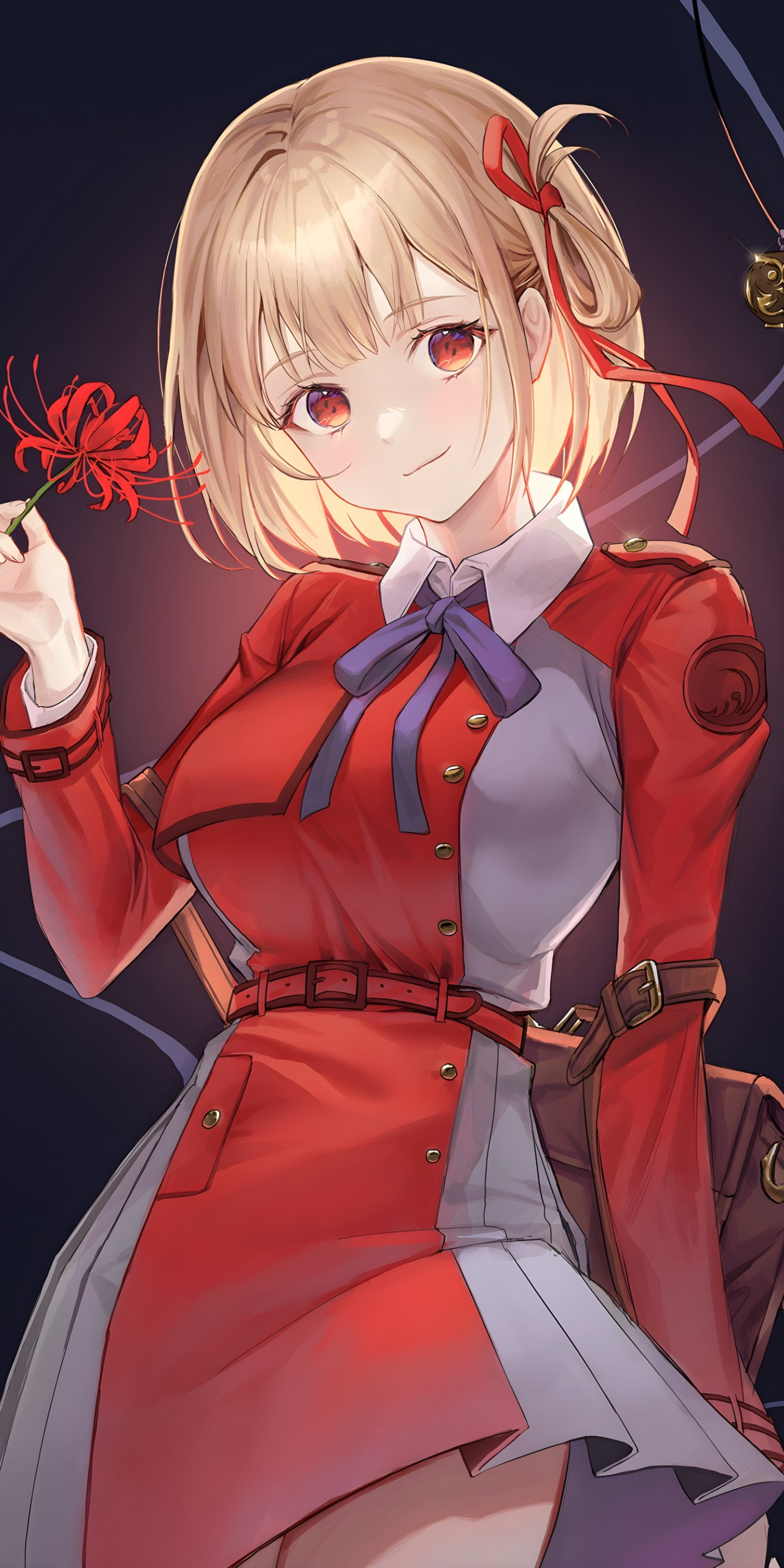 Nishikigi Chisato from Lycoris Recoil holding a red spider lily HD Phone Wallpaper