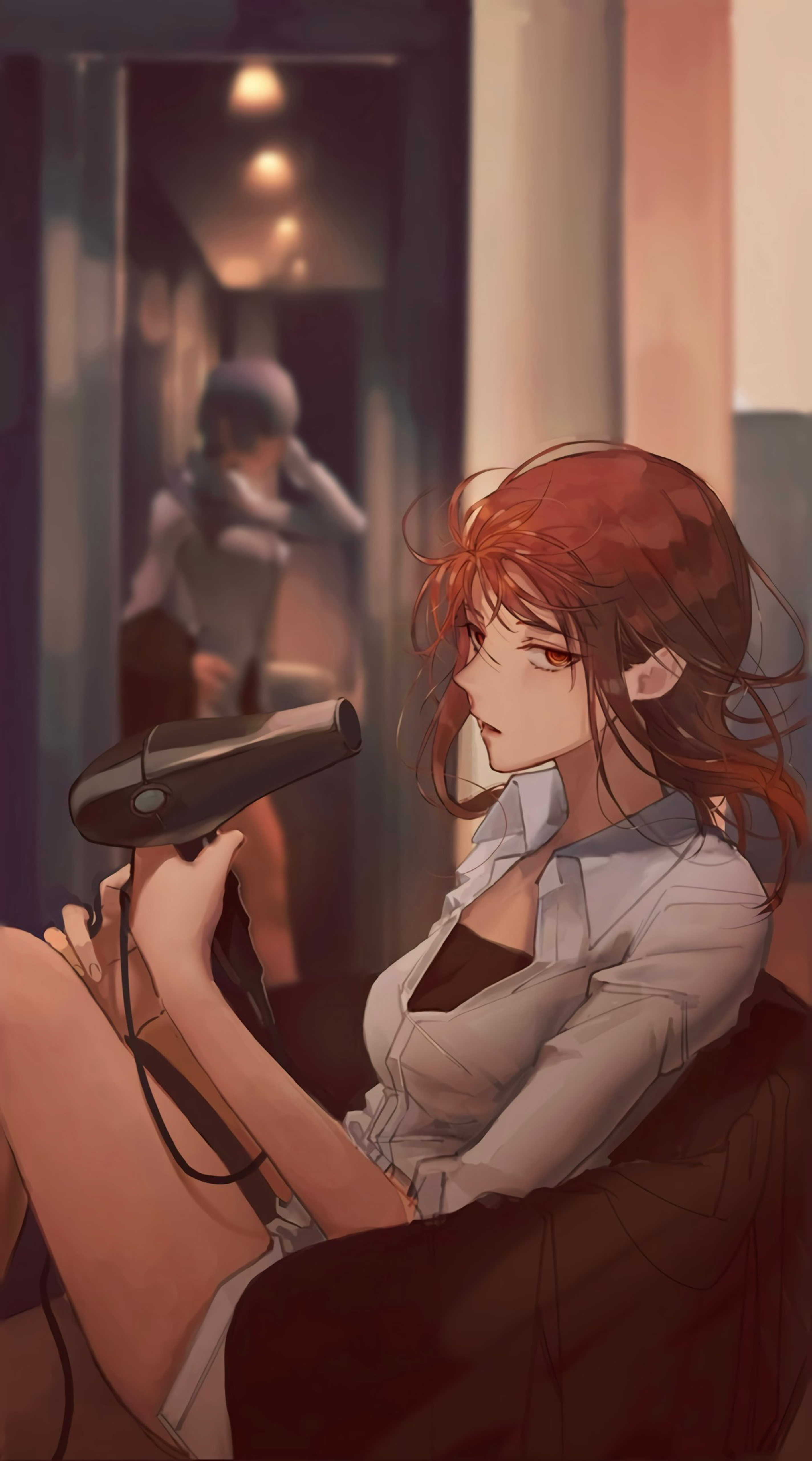 Woman with red hair holding a hair dryer HD Phone Wallpaper