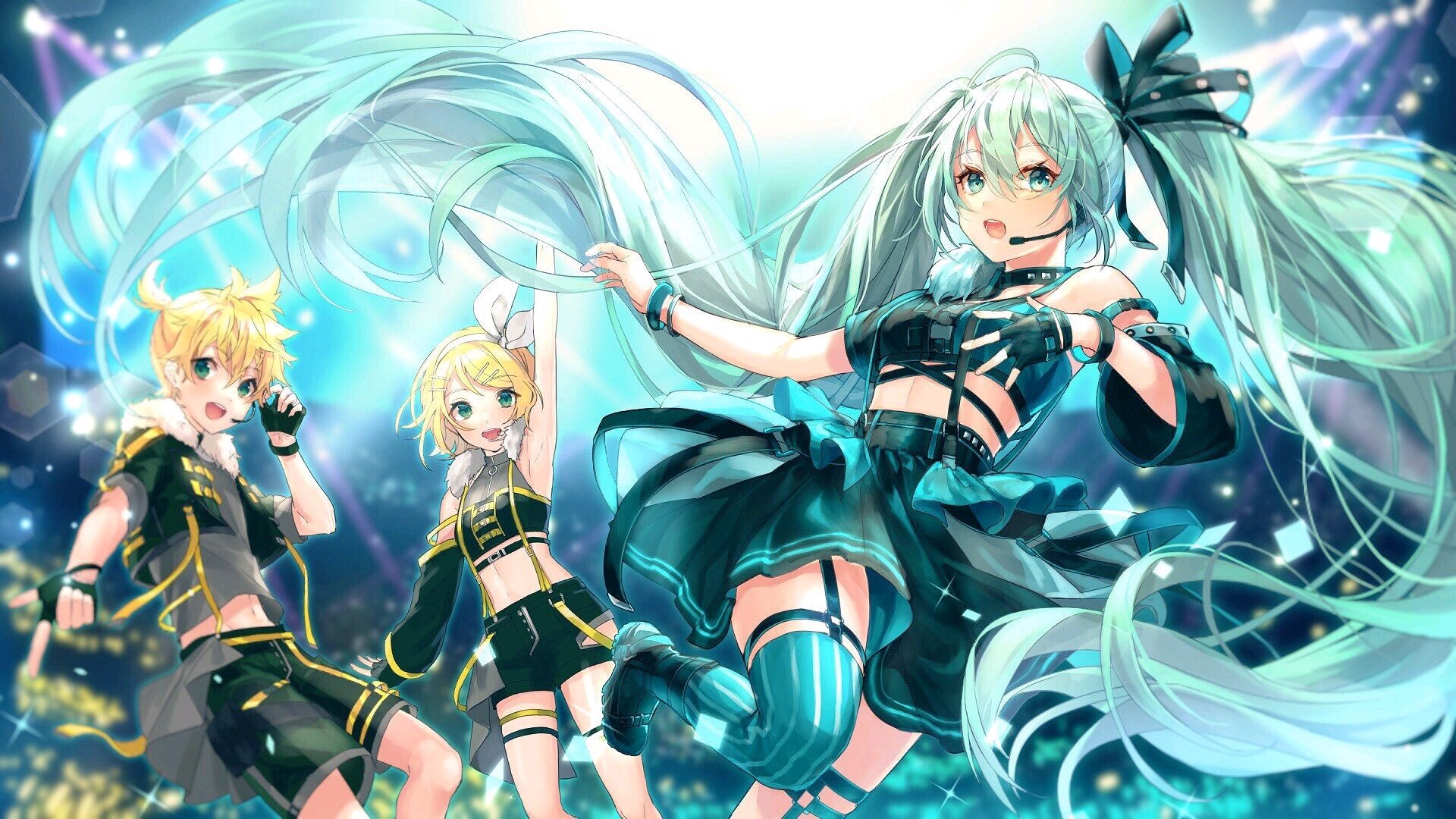 Hatsune Miku, Kagamine Rin, and Kagamine Len perform on stage HD Wallpaper
