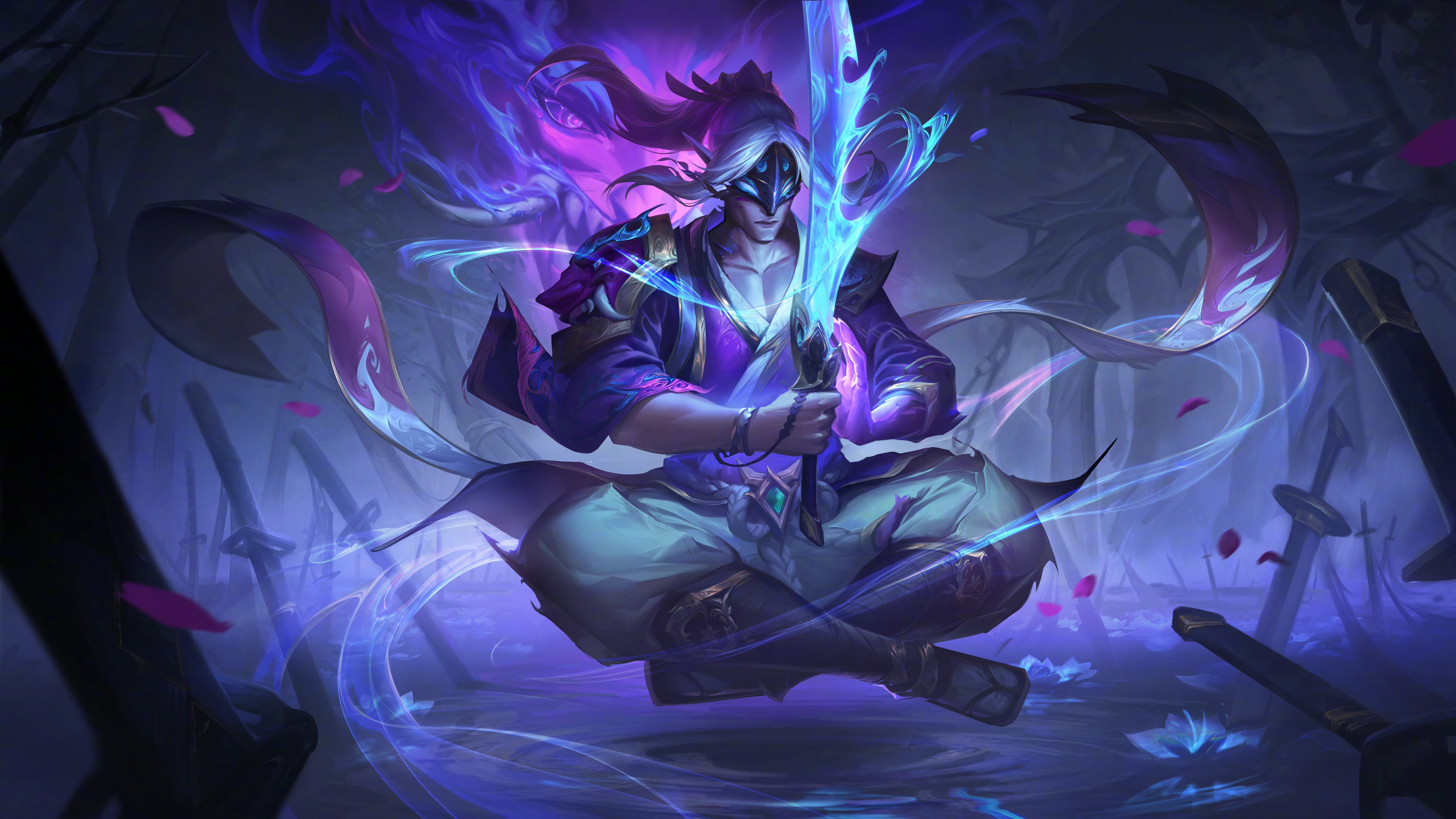 4K League of Legends character with sword and petals HD Wallpaper