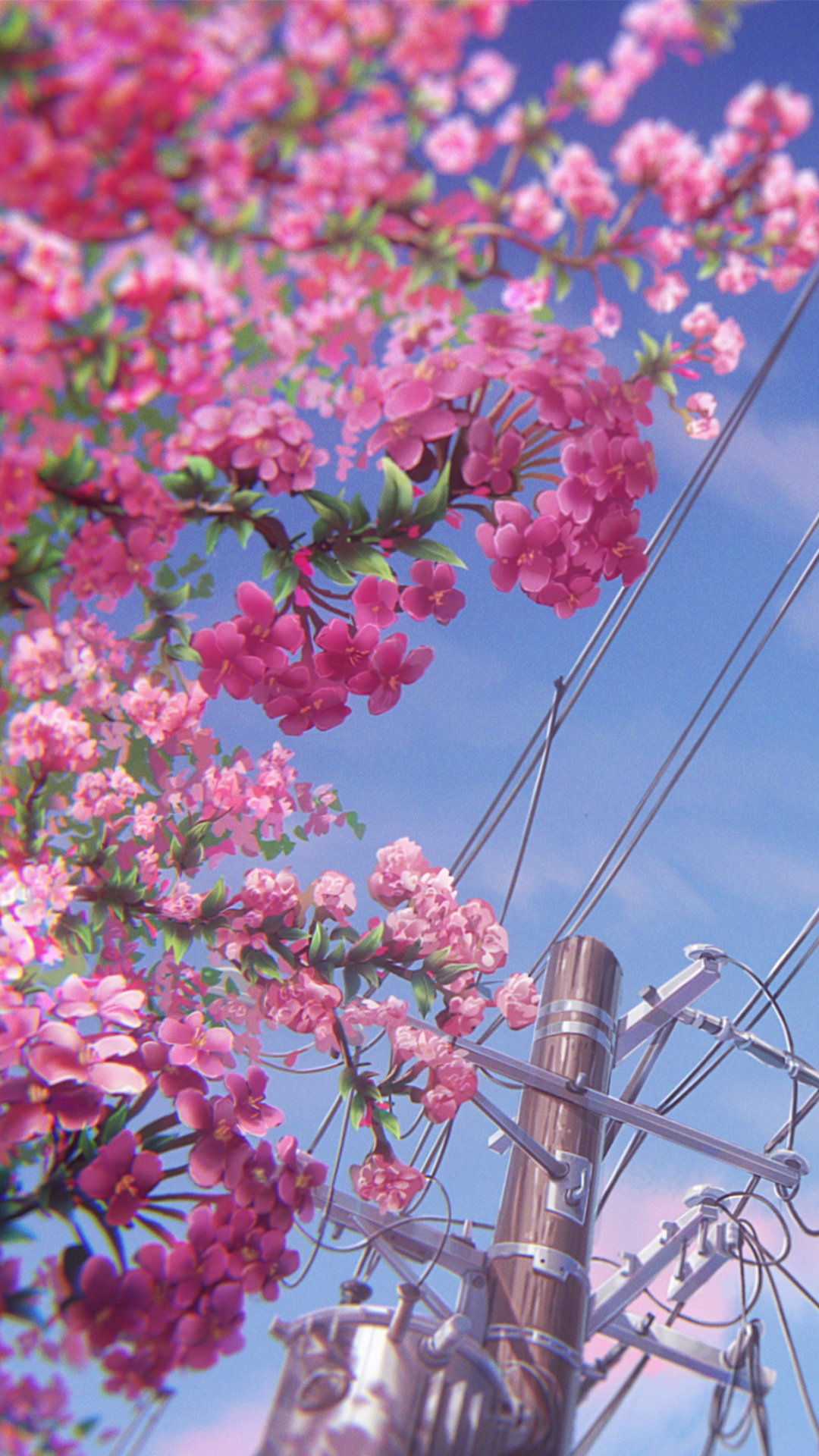 Pink flowers bloom near a utility pole with wires HD Phone Wallpaper