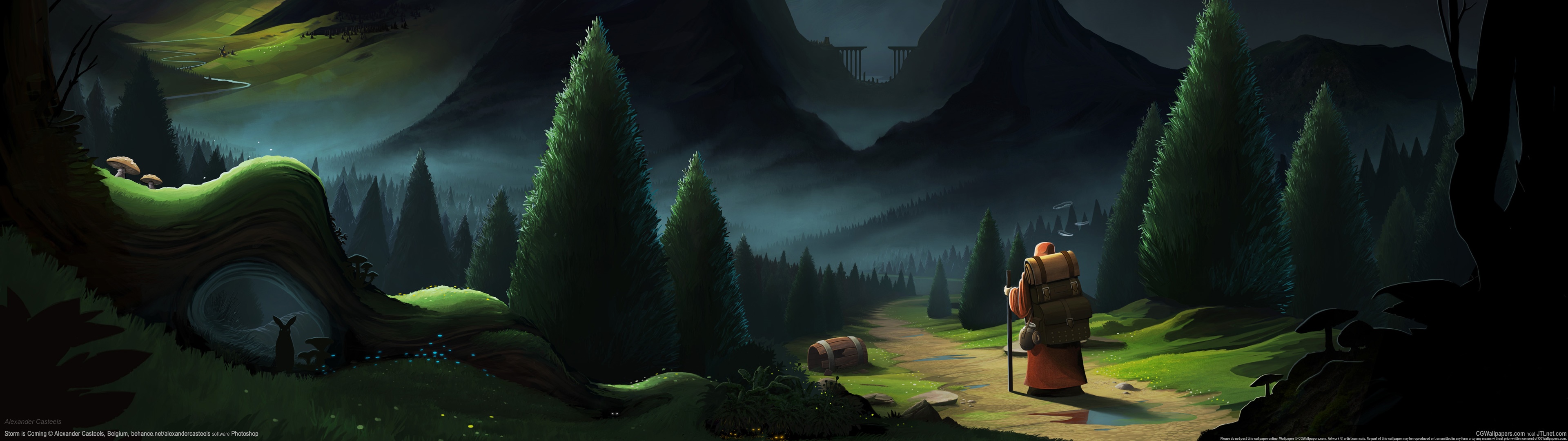 Fantasy art of a traveler on a path HD Wallpaper