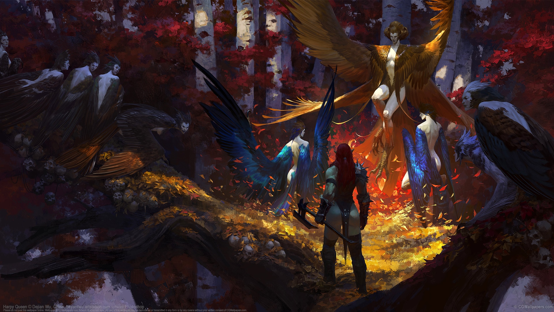 Harpy Queen and winged creatures in a forest HD Wallpaper