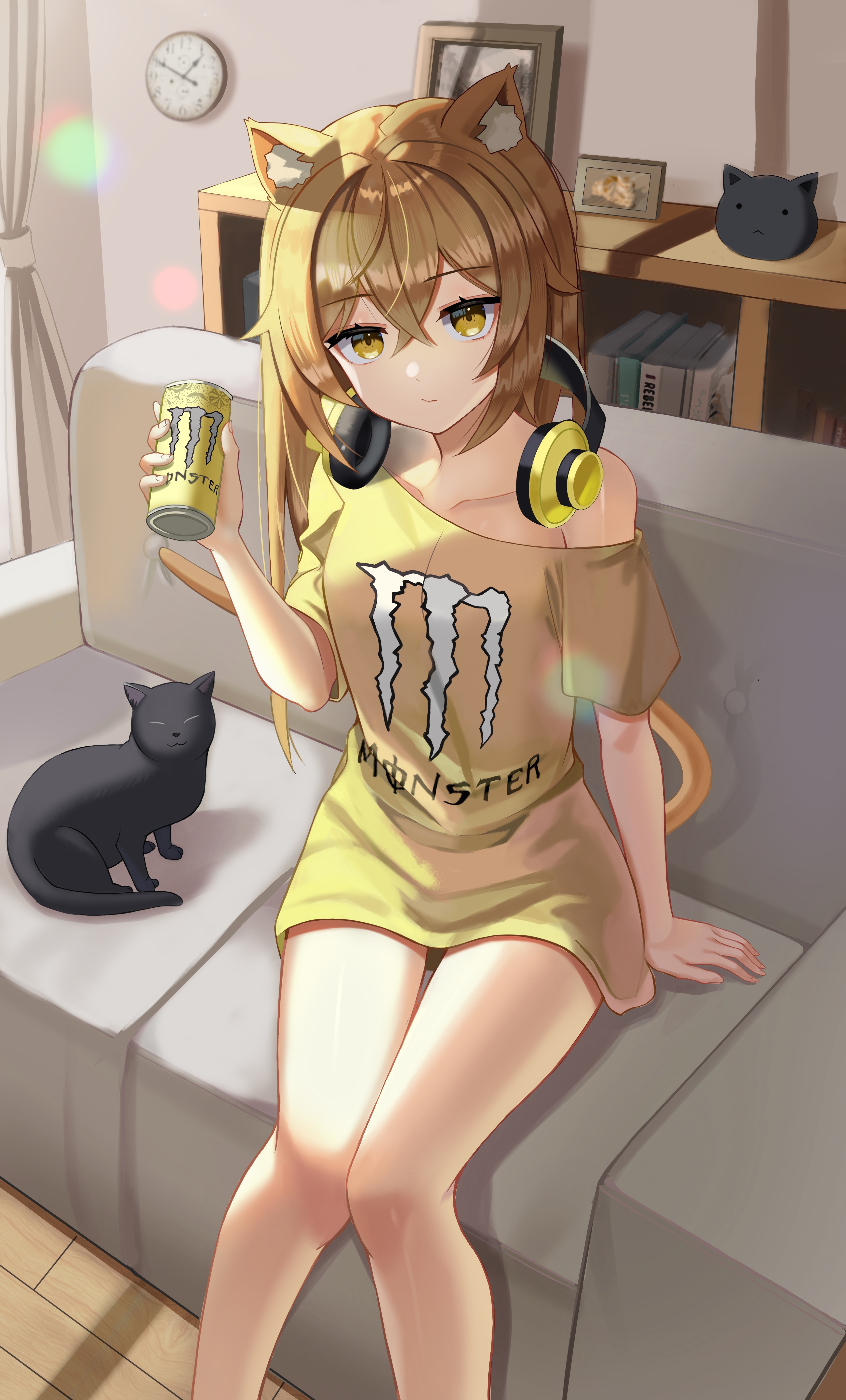 Anime Cat Girl with Monster Energy Drink and Headphones HD Phone Wallpaper