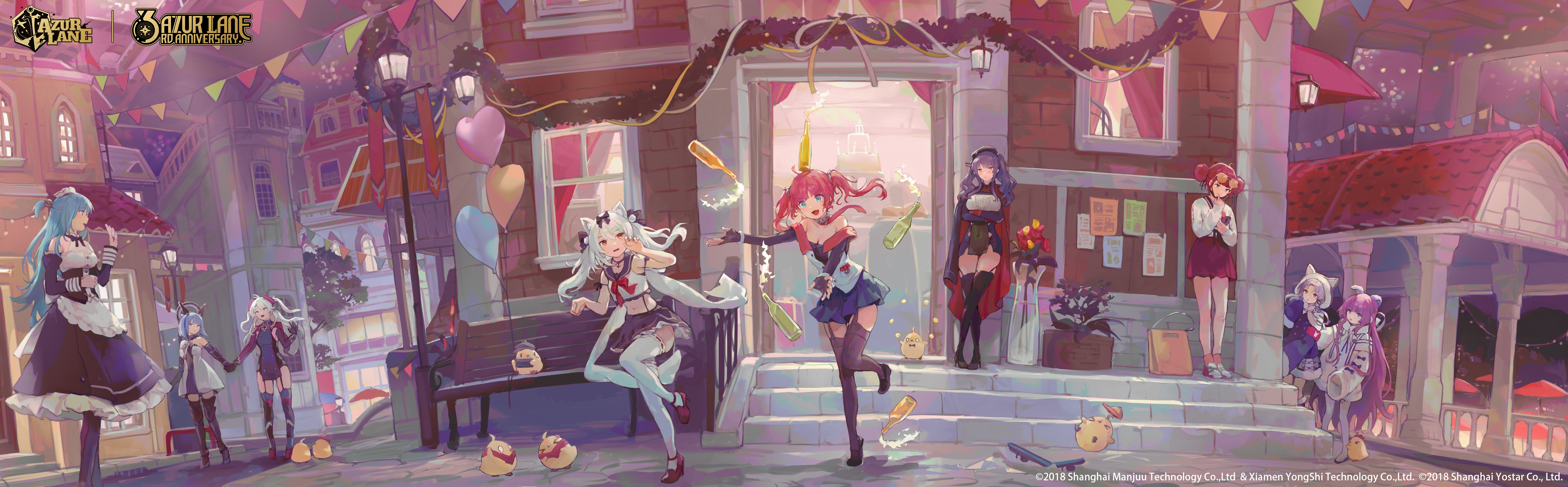Azur Lane characters celebrating in a town square HD Wallpaper