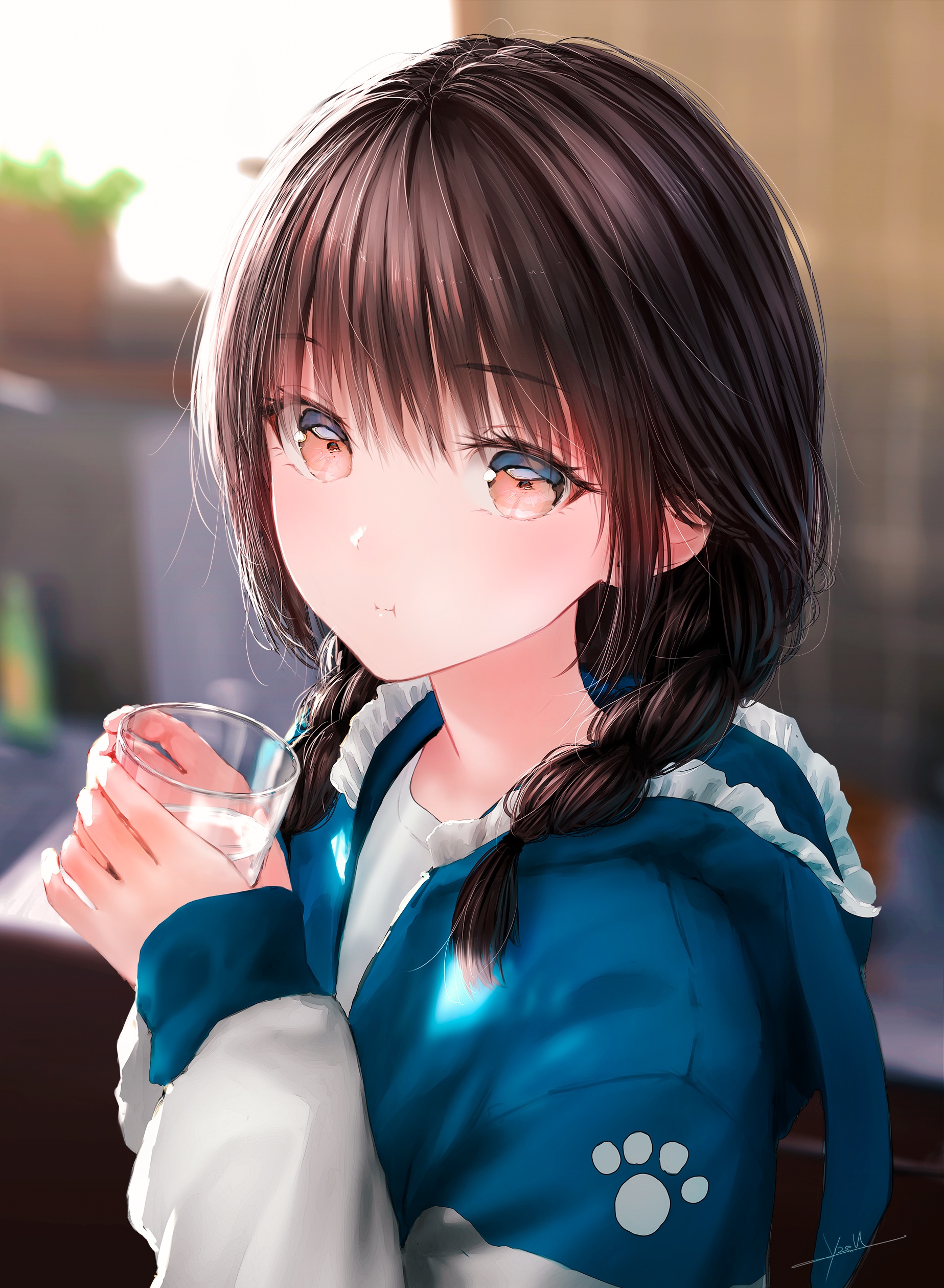Artwork of a girl with braids drinking water HD Phone Wallpaper