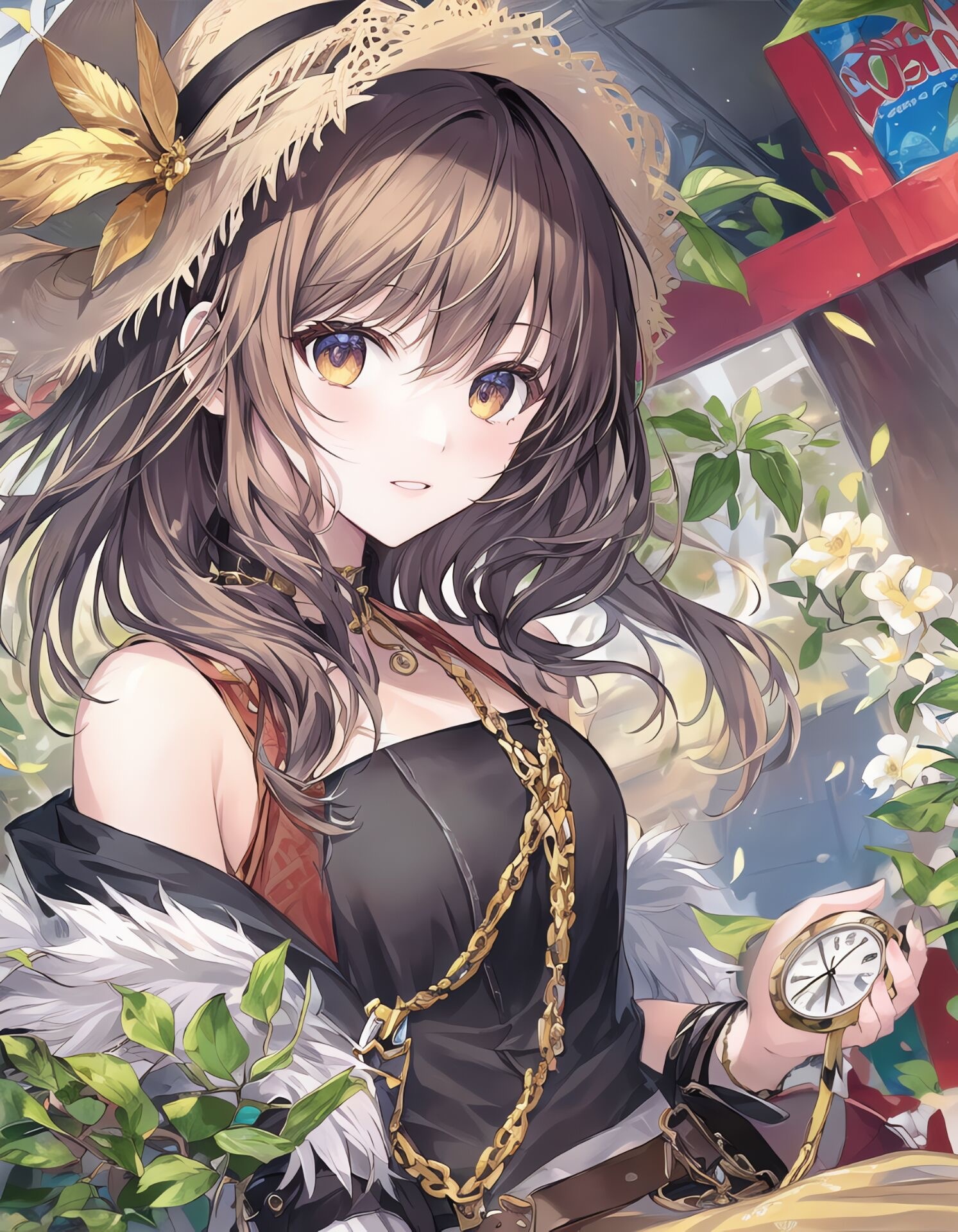 Anime girl with straw hat and chains holding a clock HD Phone Wallpaper