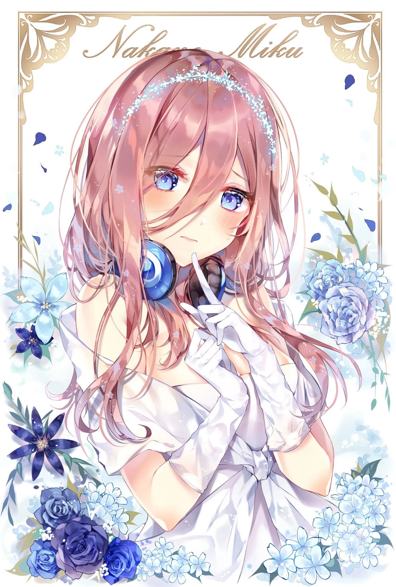 Nakano Miku in a White Dress with Blue Flowers HD Phone Wallpaper