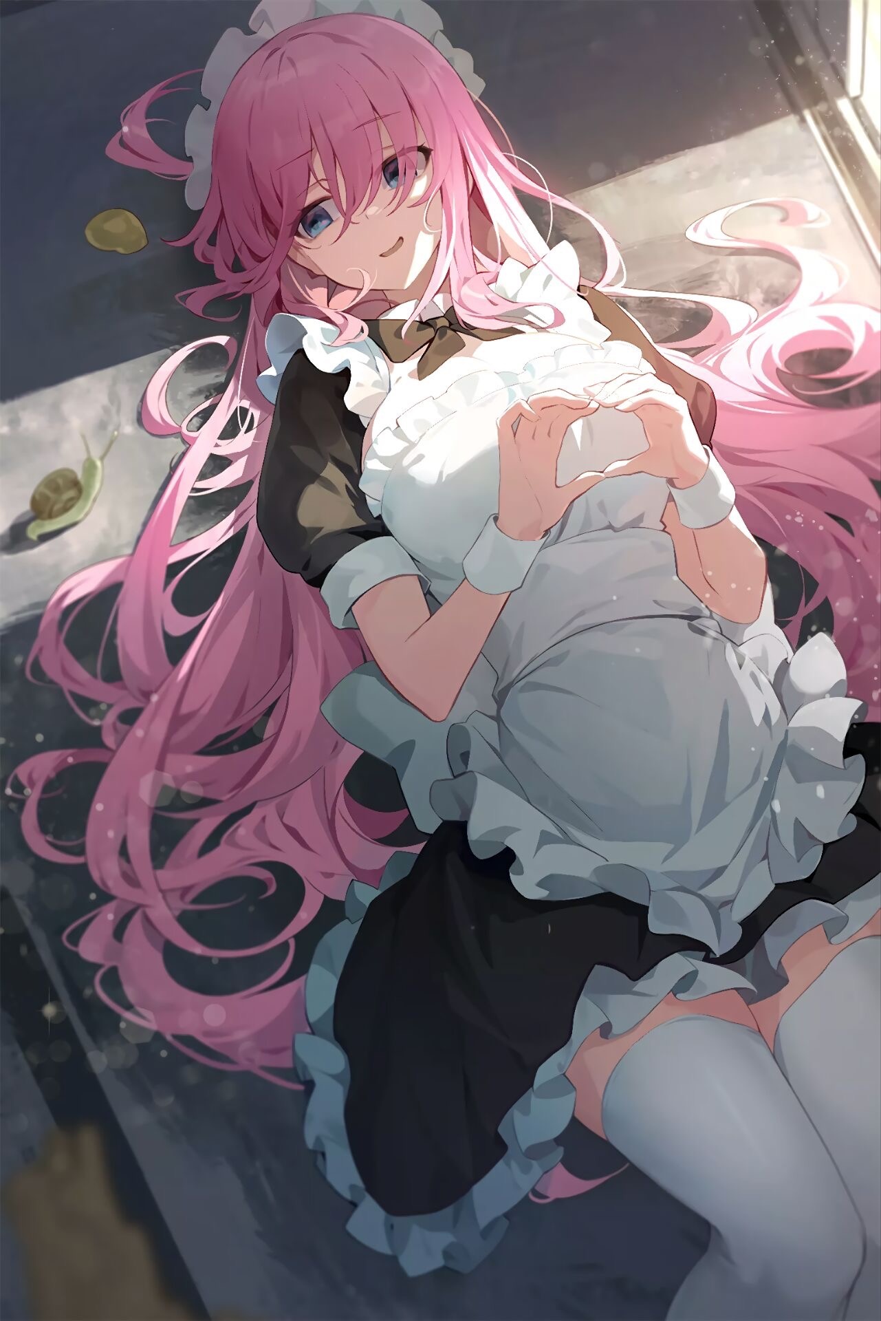Maid with pink hair and blue eyes making a heart shape HD Phone Wallpaper