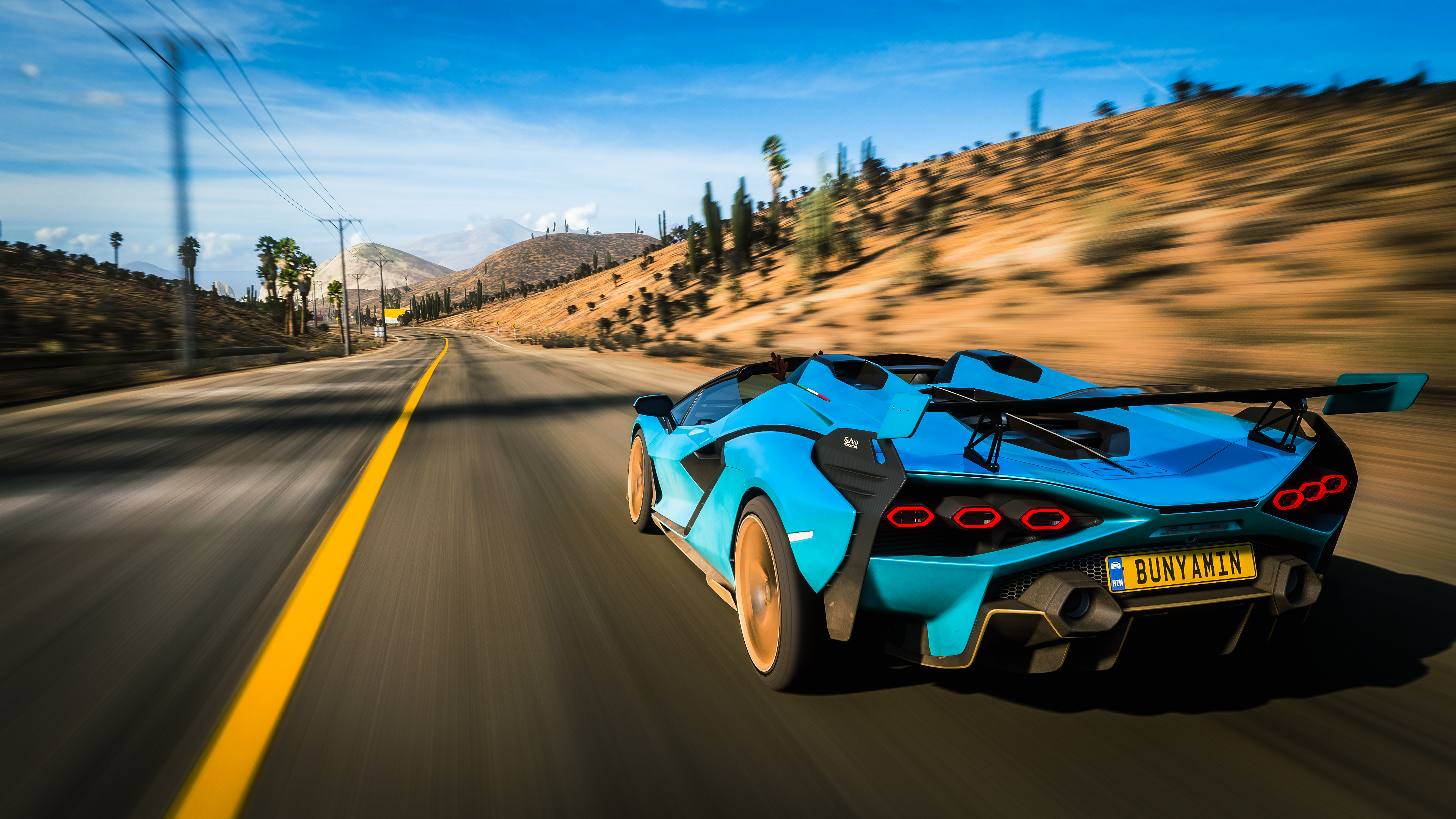 4K Lamborghini Sian driving on a desert road in Forza Horizon 5 HD Wallpaper