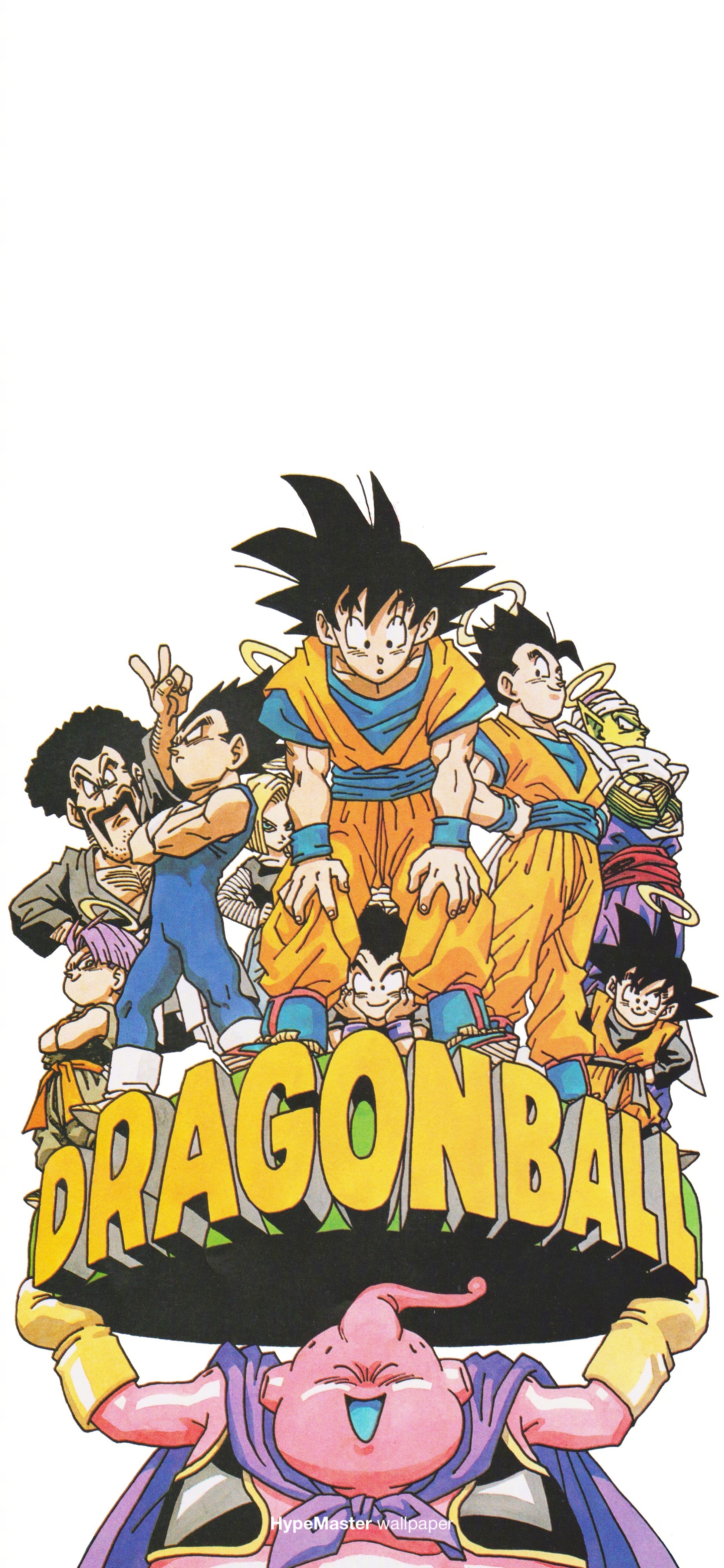 Dragon Ball characters with Majin Buu holding the logo HD Phone Wallpaper