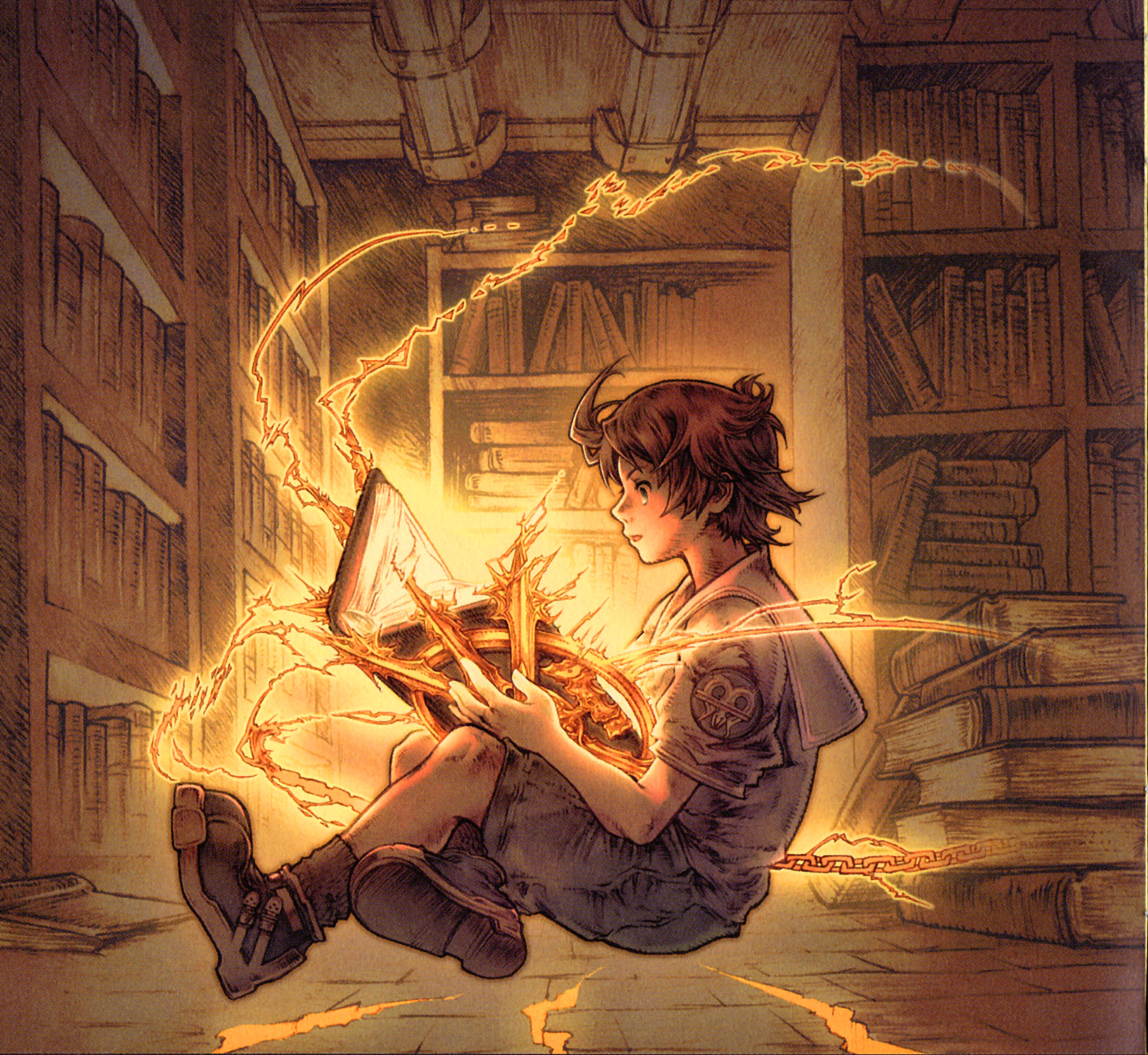 Young boy reading a magical book in a library HD Wallpaper