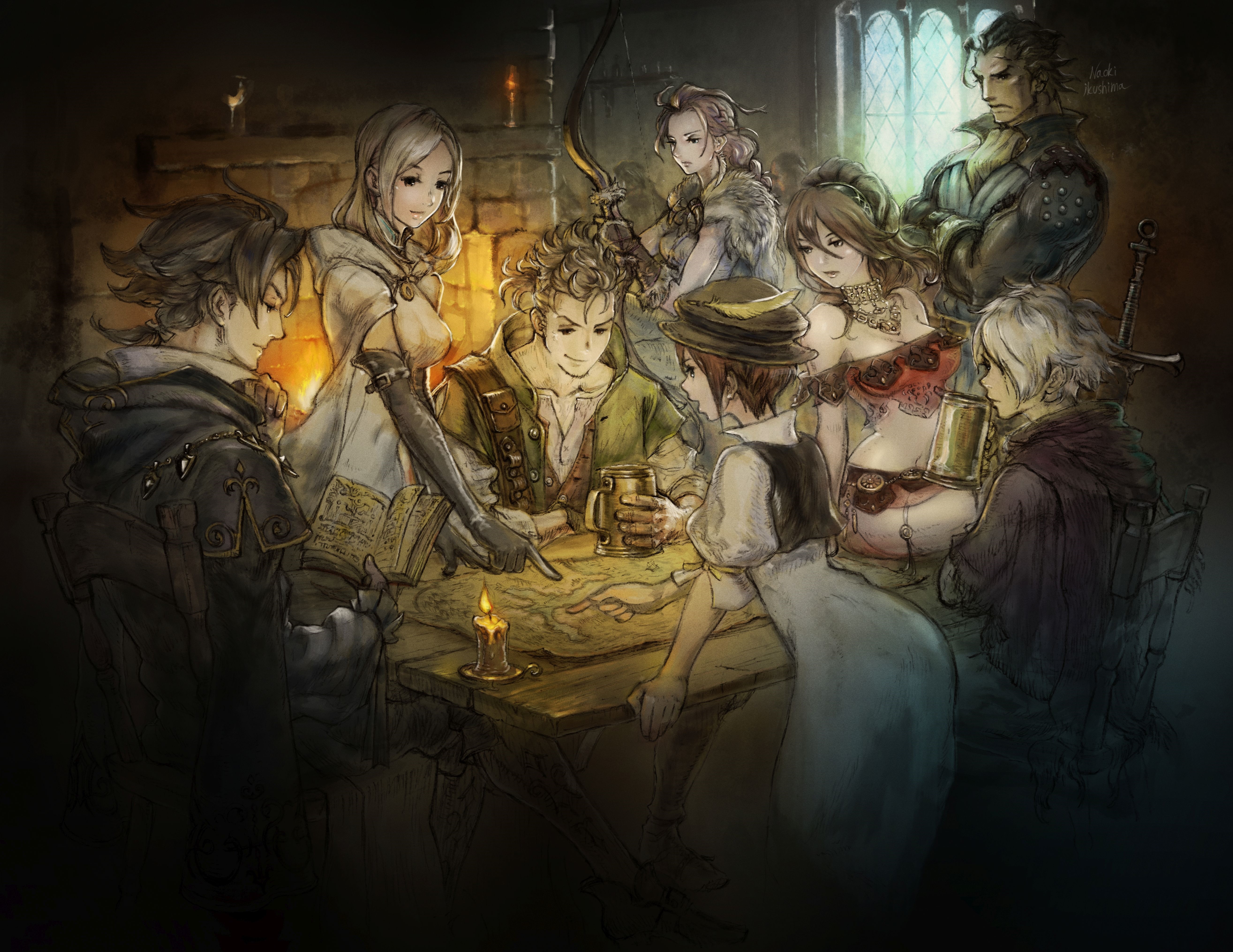 Octopath Traveler characters gathered around a table HD Wallpaper