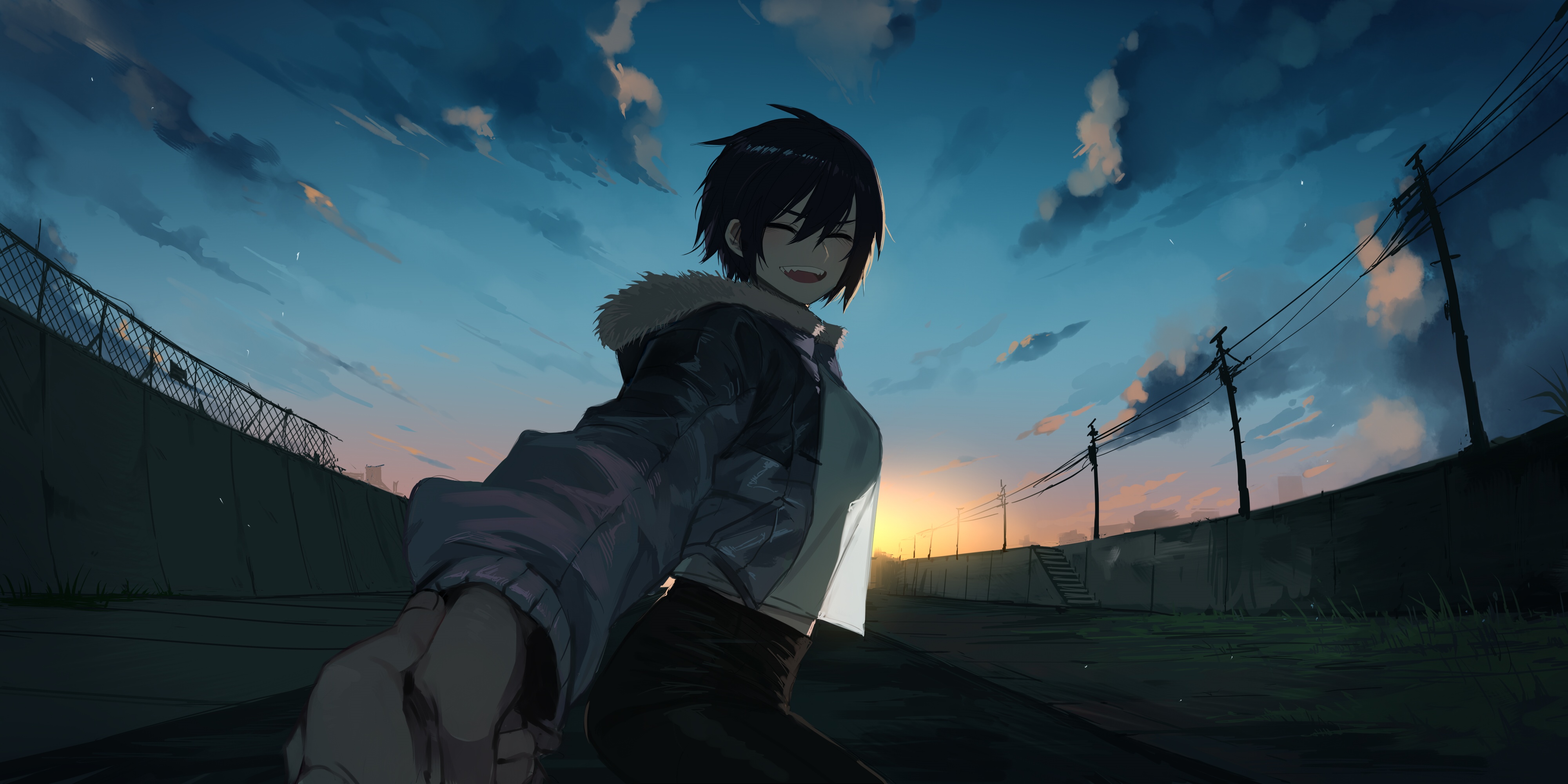 4K anime girl smiling at sunrise on a road HD Wallpaper
