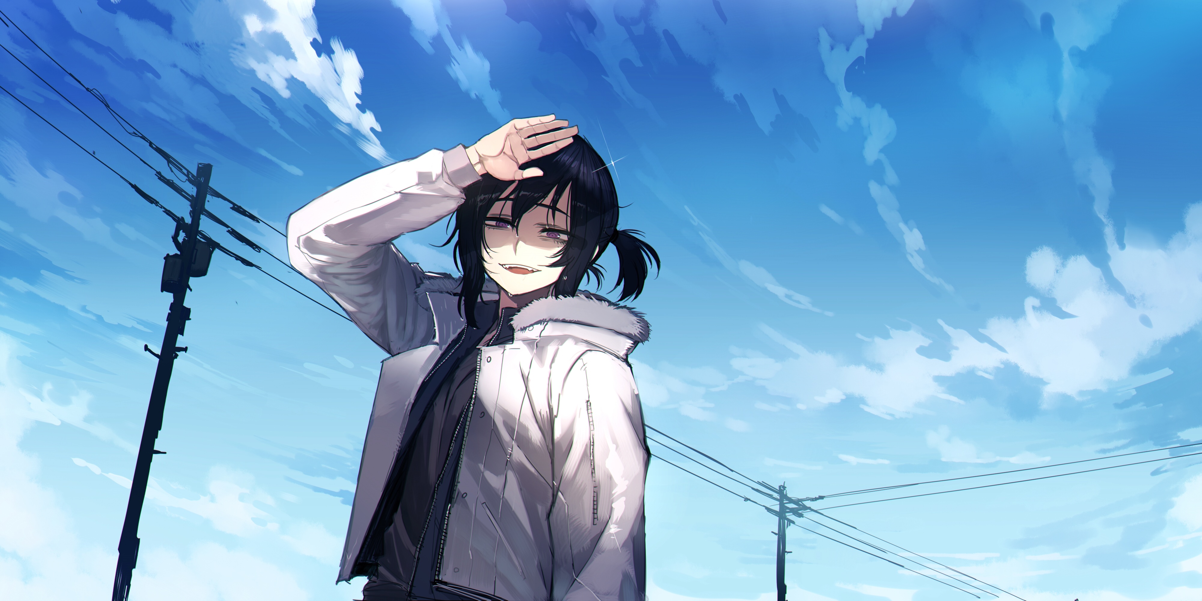 Anime character with black hair in a white coat under the sky HD Wallpaper