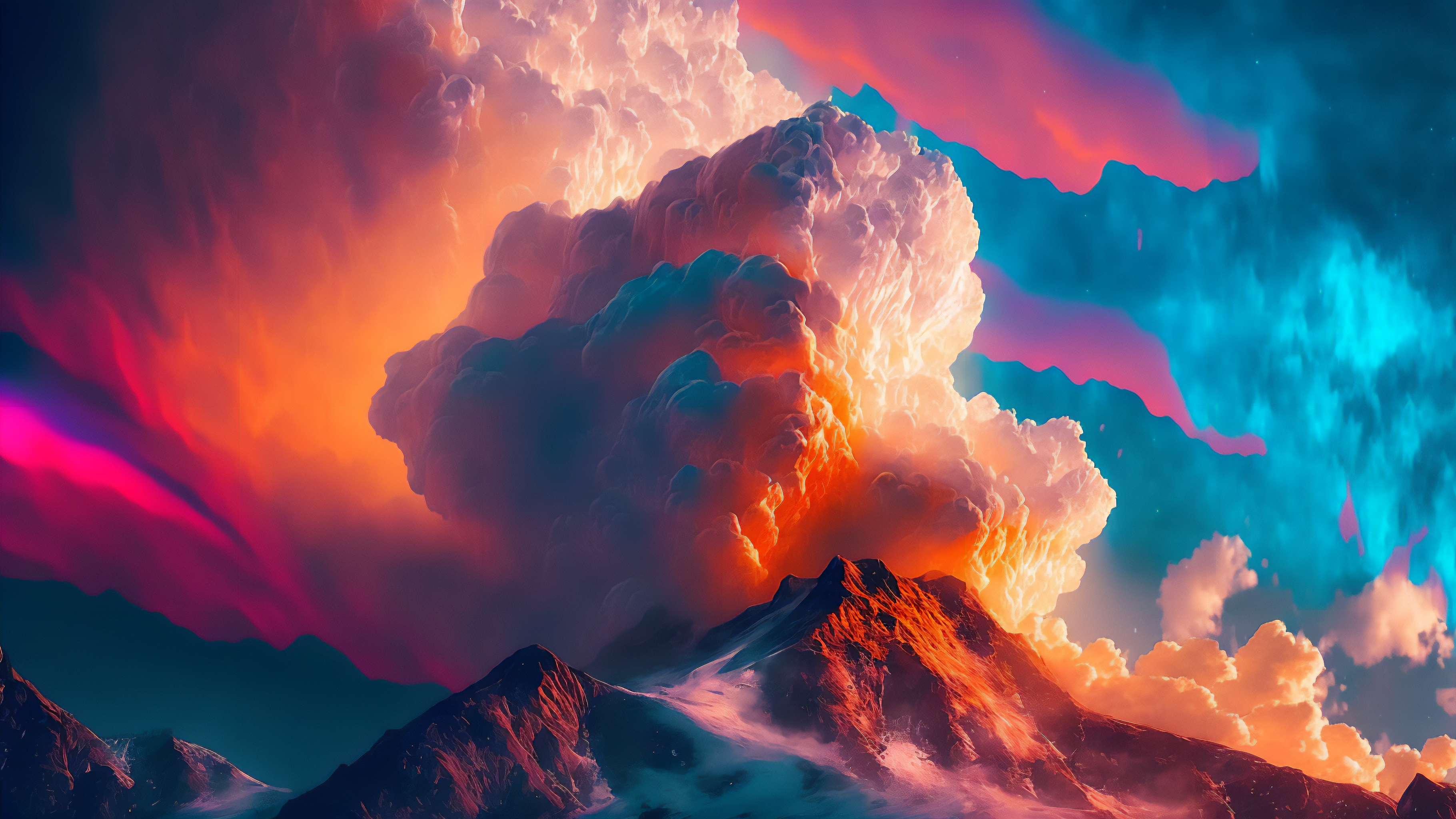 Volcanic eruption over snow-capped mountains HD Wallpaper