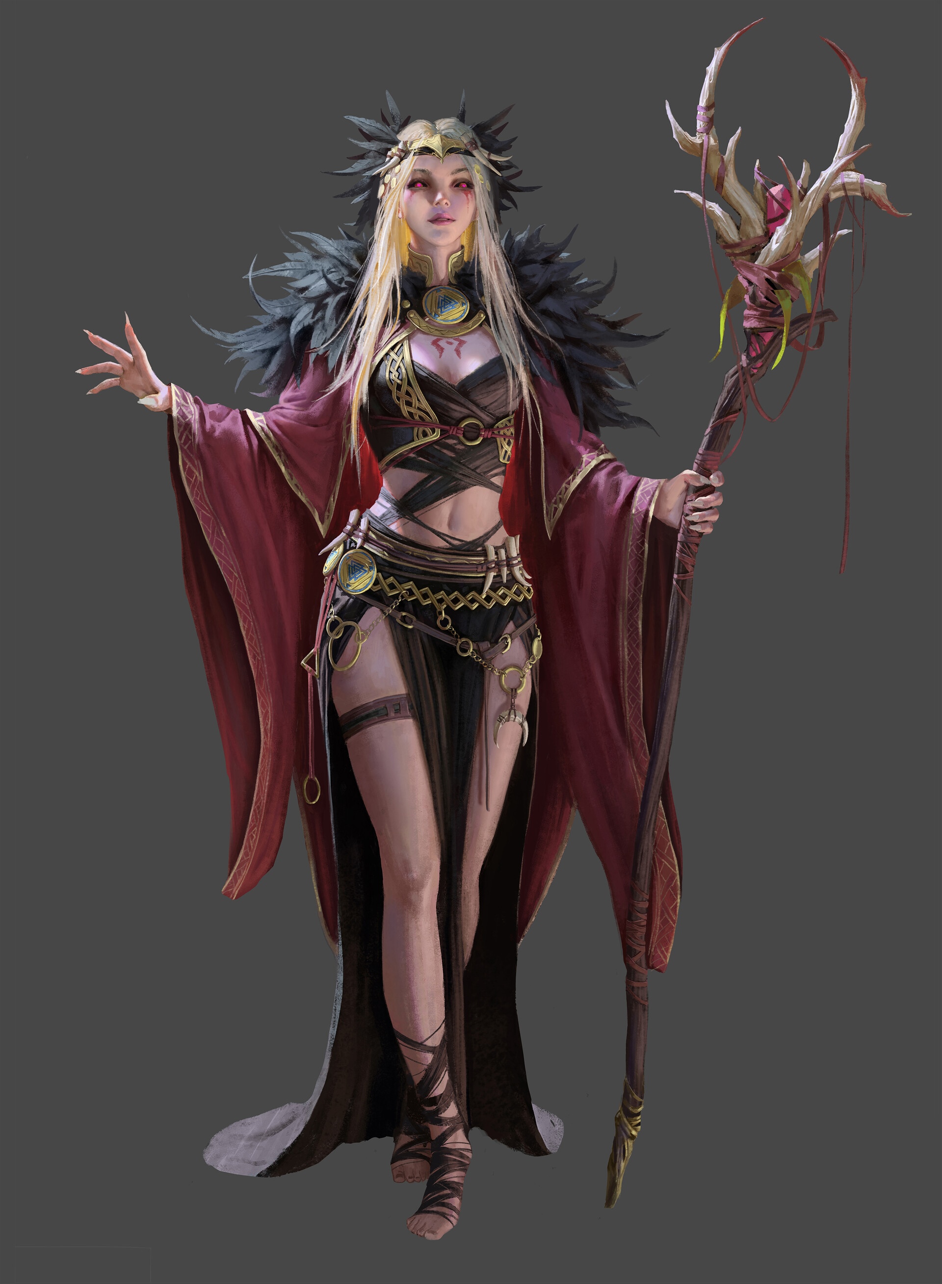 Fantasy art of a blonde woman with red eyes holding a staff HD Phone Wallpaper