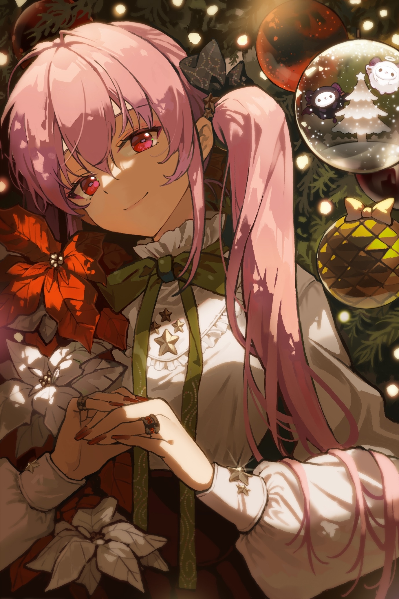 Anime girl with pink hair and red eyes in Christmas setting HD Phone Wallpaper
