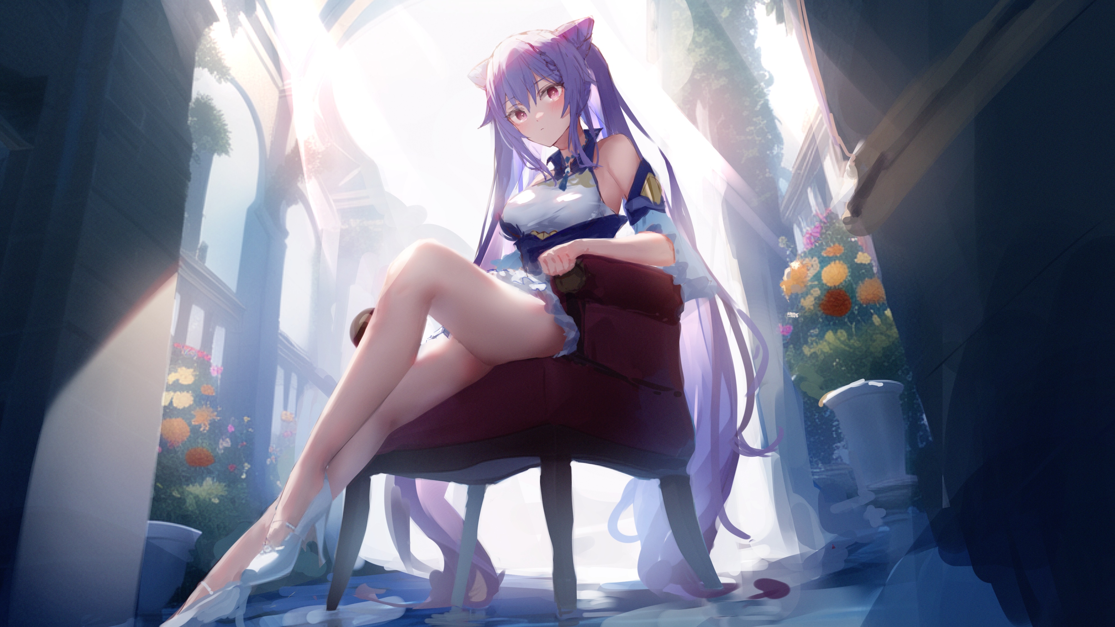 4K Anime Girl with Purple Hair Sitting on a Chair HD Wallpaper