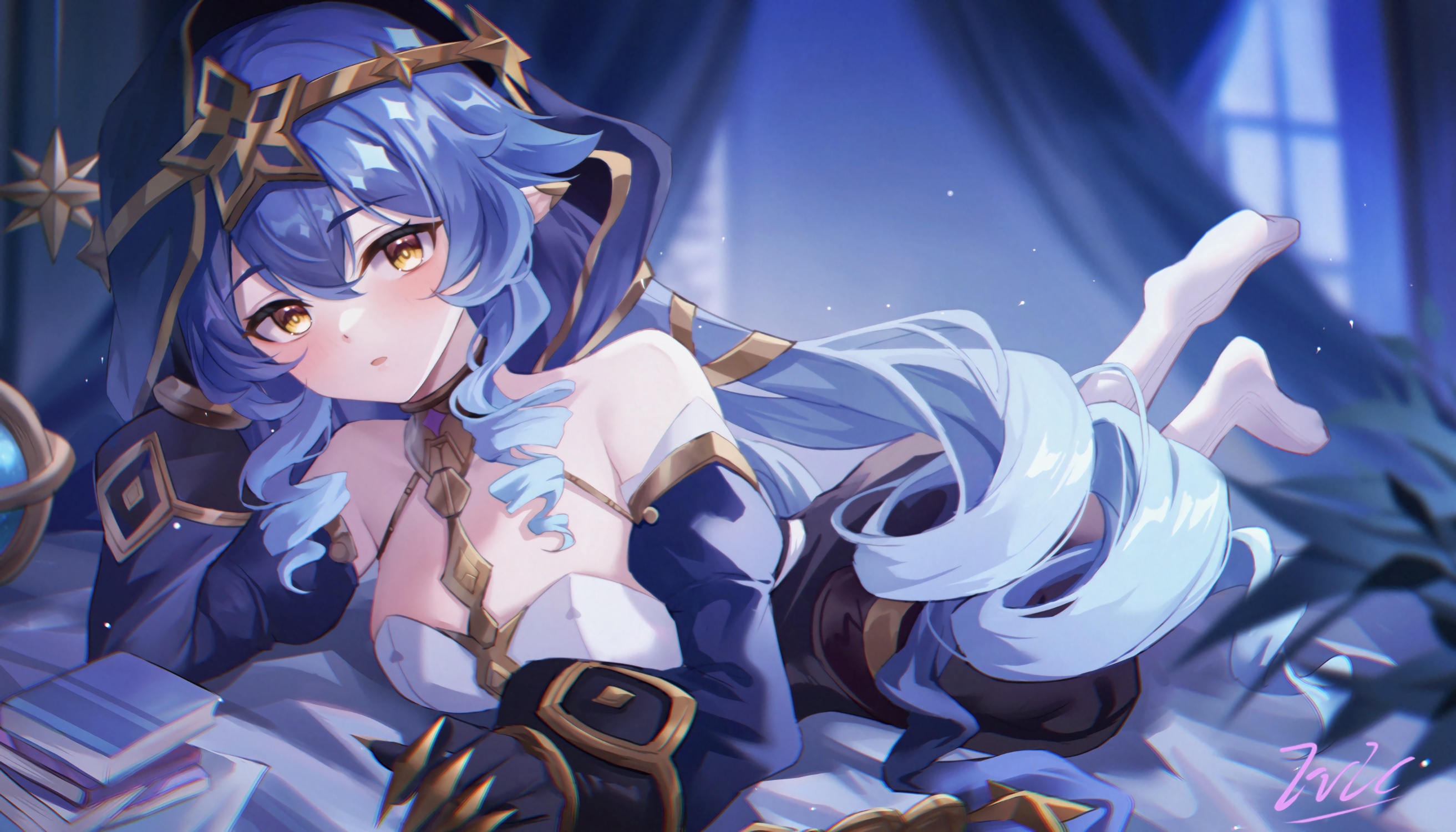 Layla from Genshin Impact lying down with books HD Wallpaper