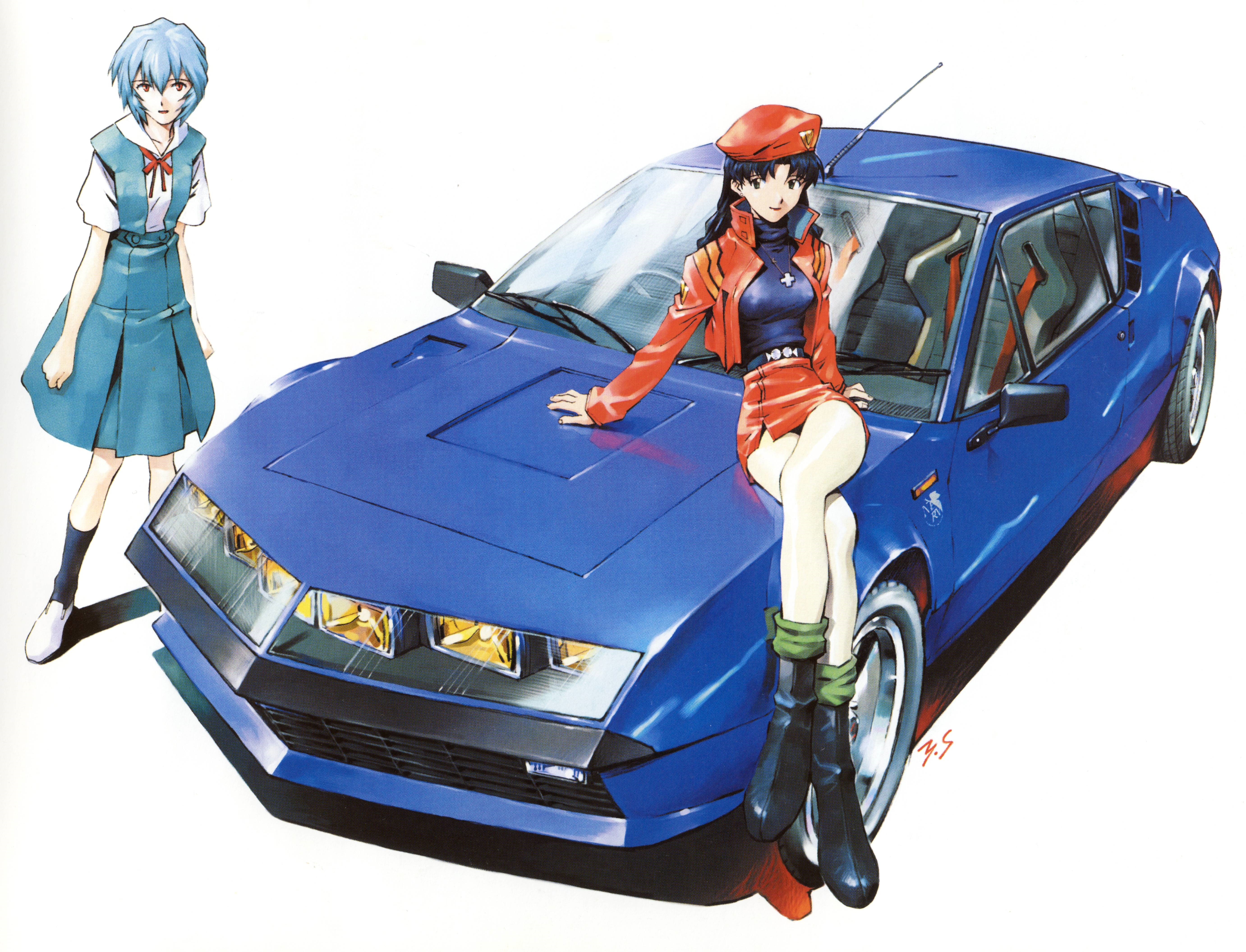 4K Neon Genesis Evangelion: Rei Ayanami and Misato Katsuragi with a car HD Wallpaper