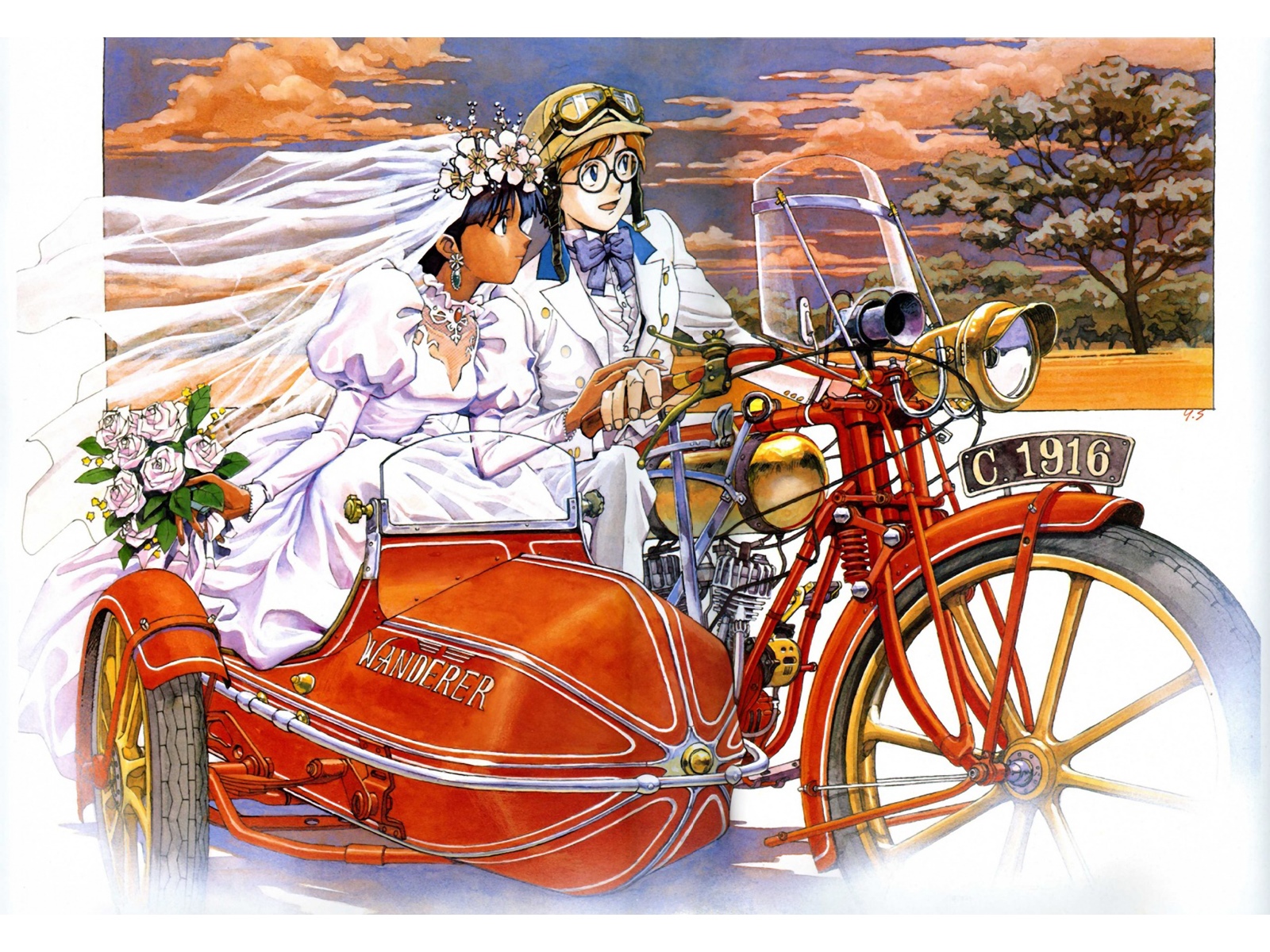 Fushigi no umi no Nadia couple on a vintage motorcycle HD Wallpaper