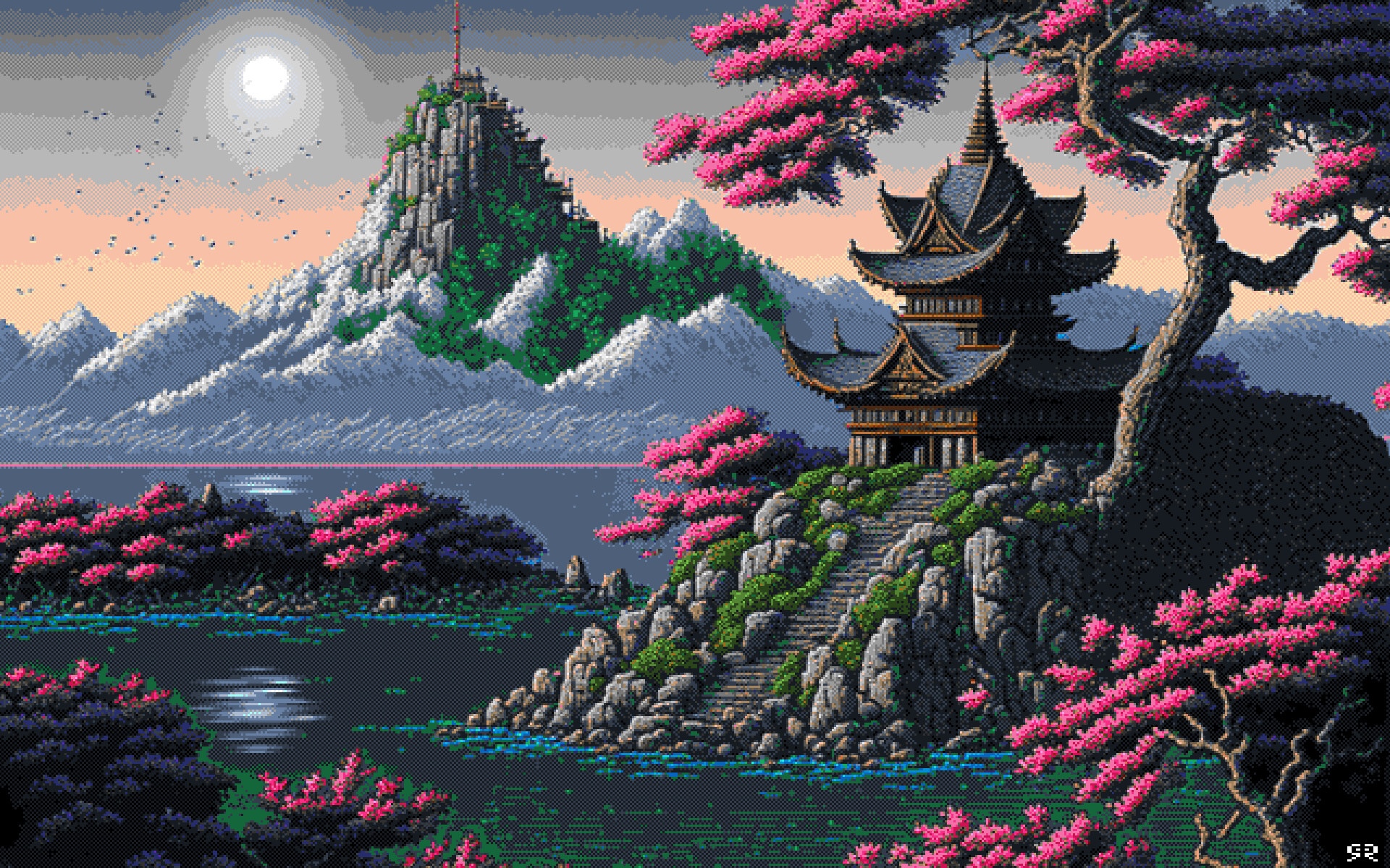 Pixel art of a pagoda by a lake with cherry blossoms and mountains HD Wallpaper