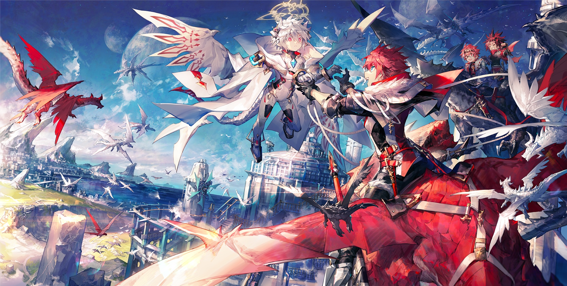 Anime boys and dragons in a fantasy cityscape HD Wallpaper