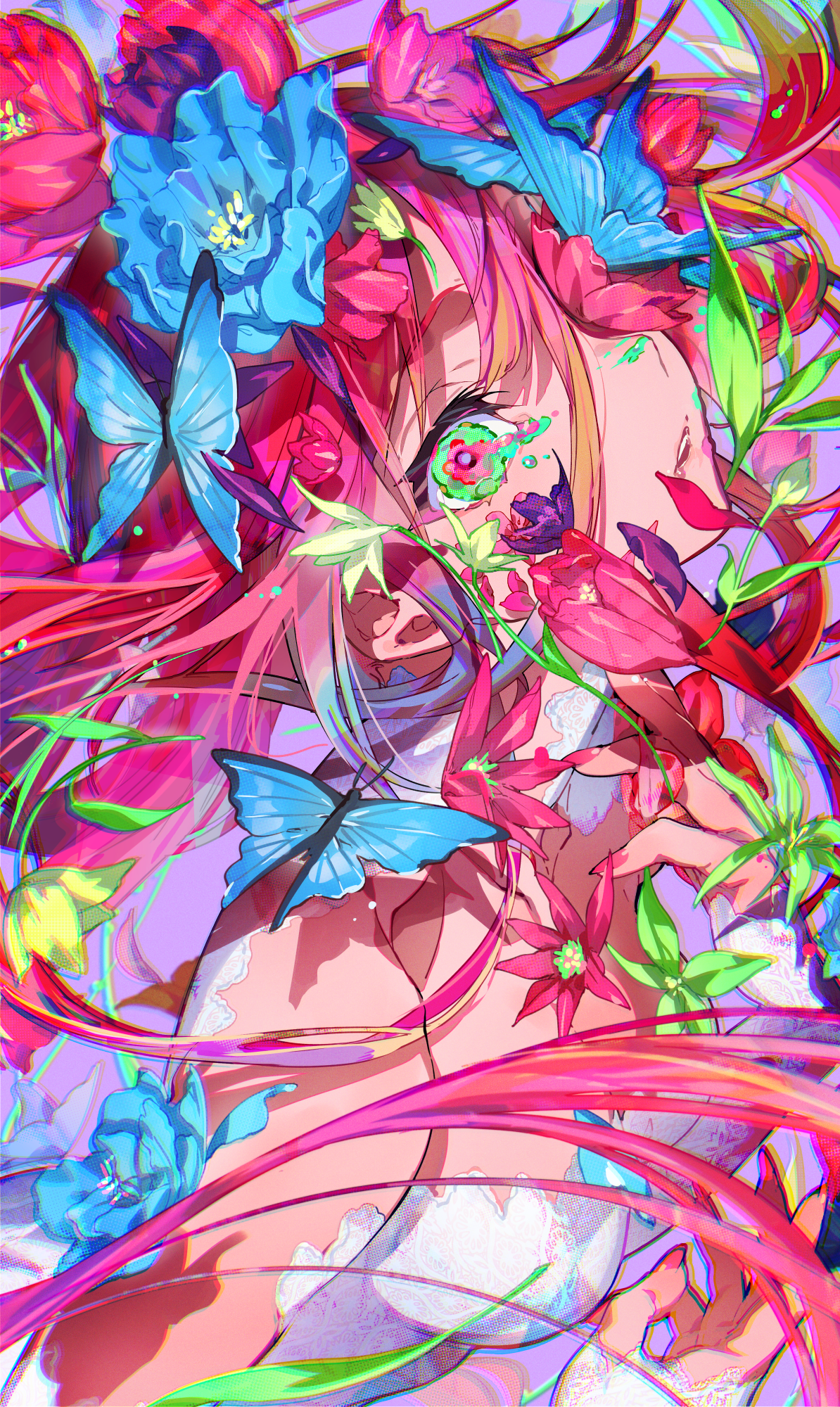Mika Pikazo's colorful anime girl with flowers and butterflies HD Phone Wallpaper
