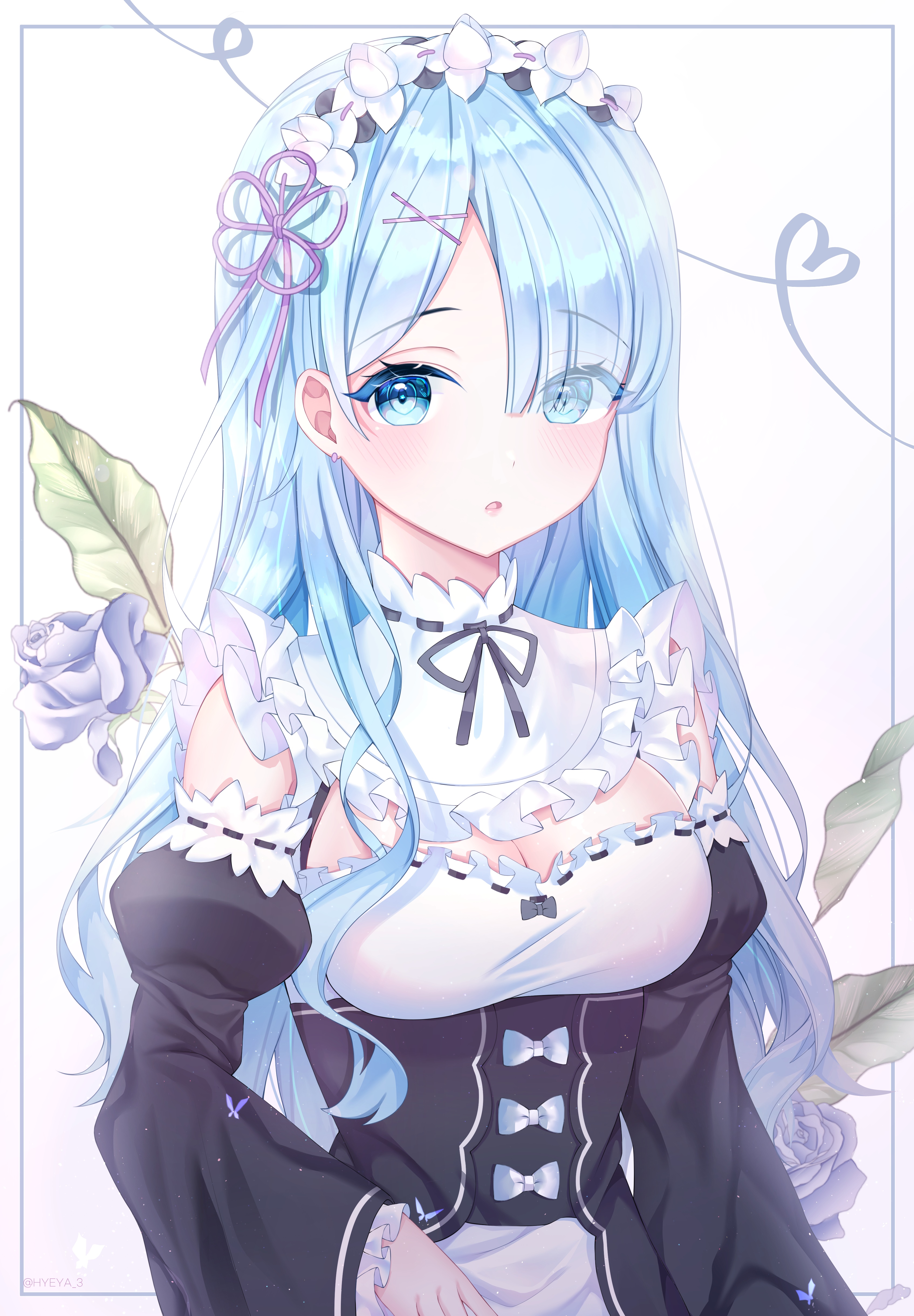 Rem from Re:Zero in a maid outfit with flowers HD Phone Wallpaper