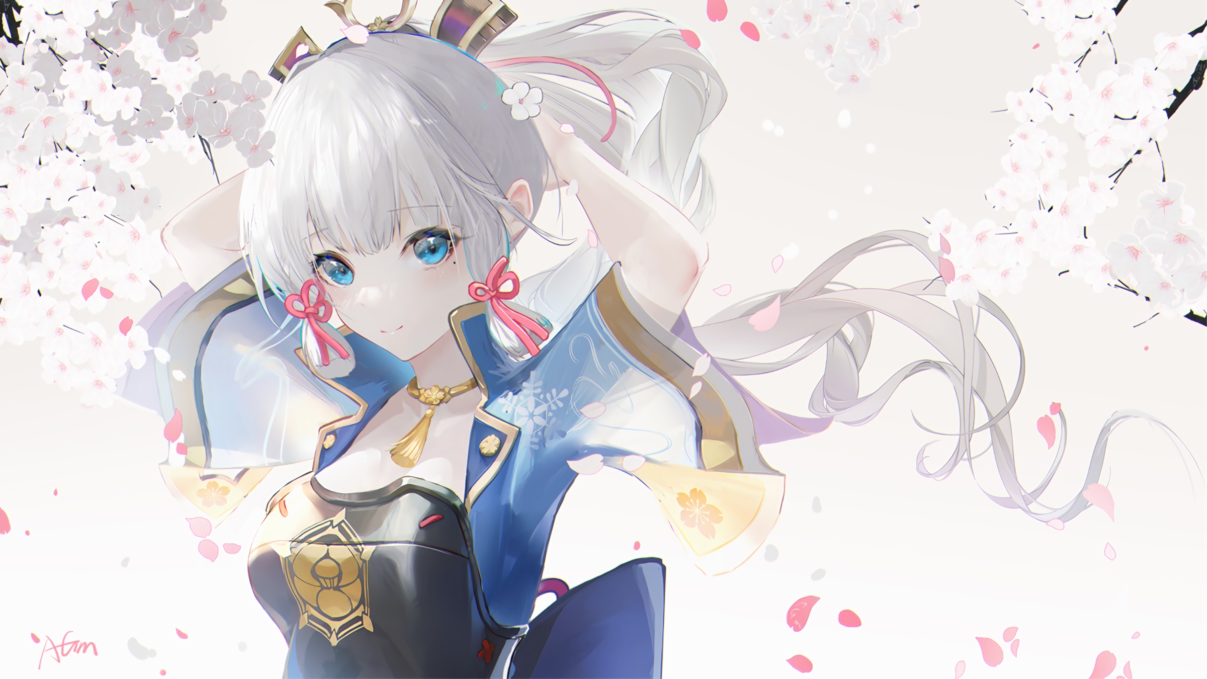 Kamisato Ayaka from Genshin Impact with cherry blossoms HD Wallpaper