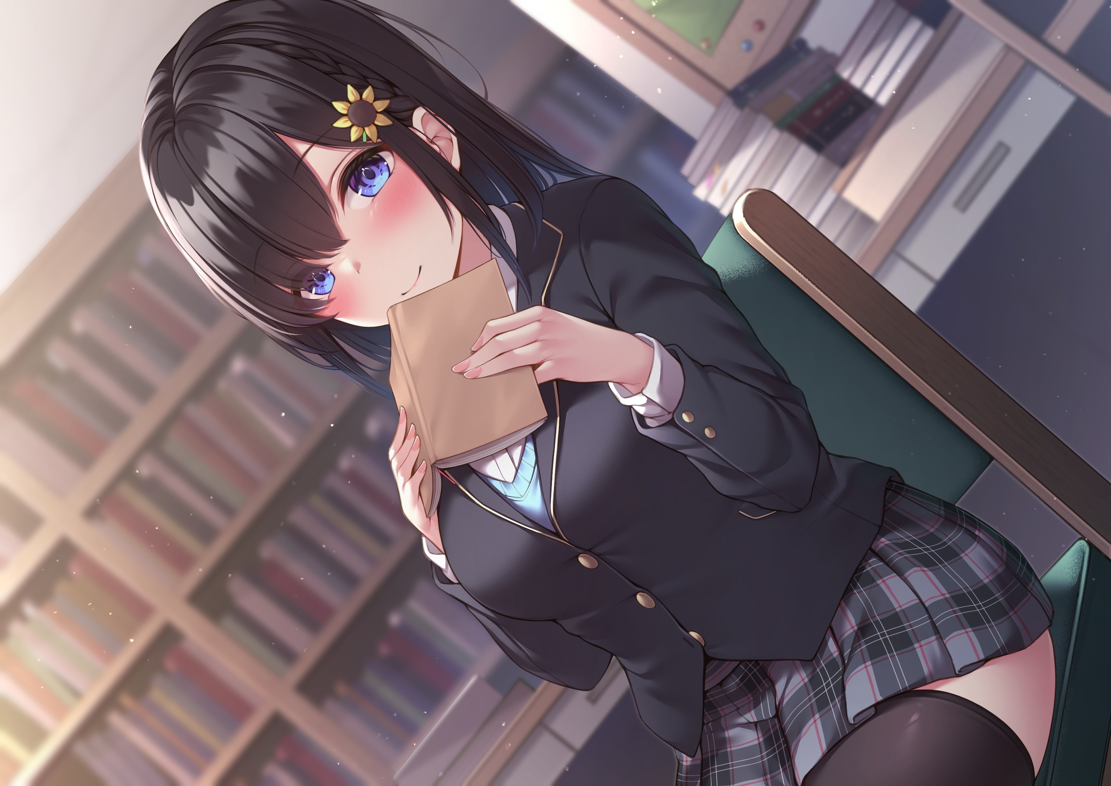 Schoolgirl with blue eyes in a library holding a book HD Wallpaper