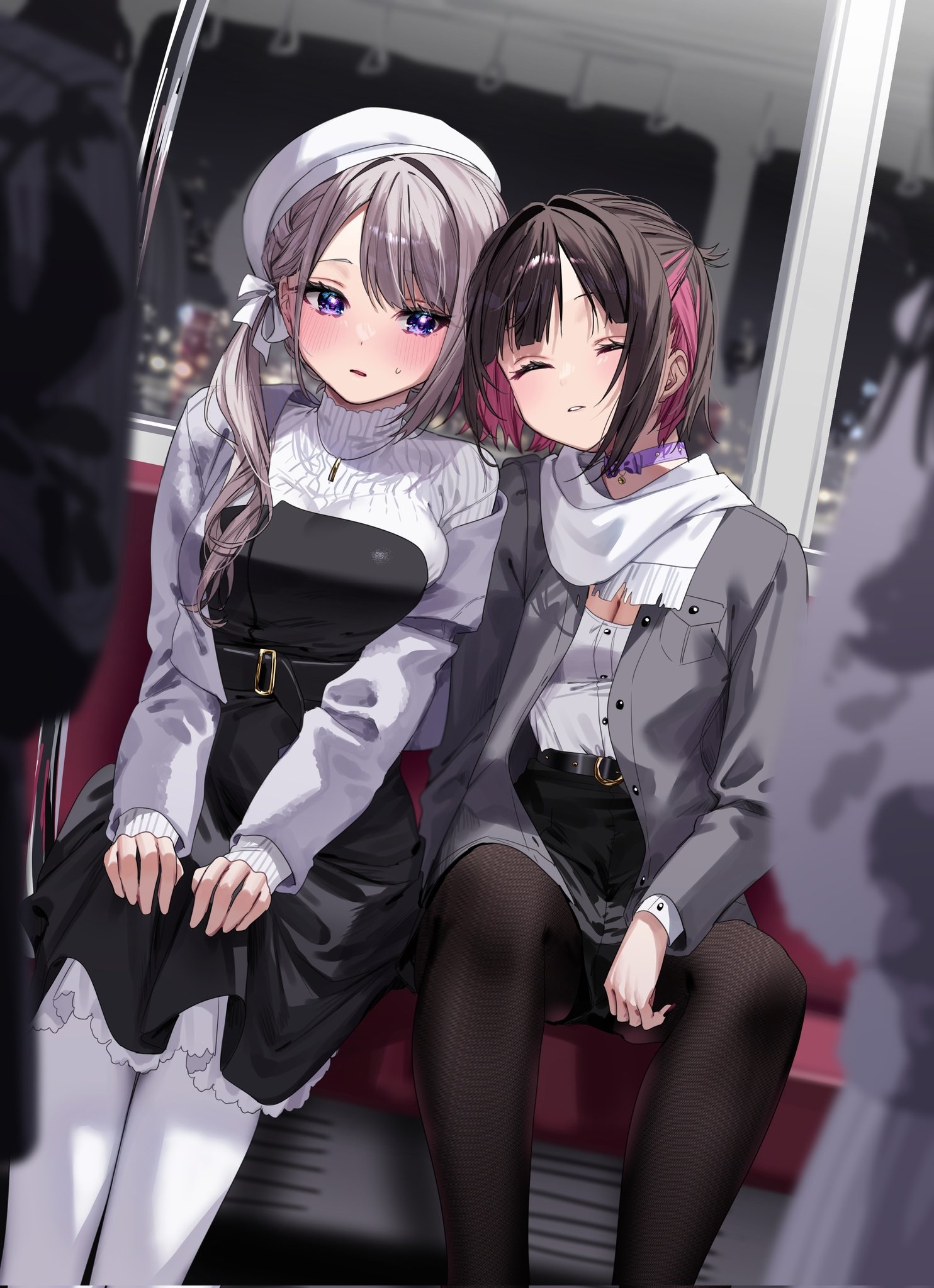 Two women on a train at night HD Phone Wallpaper