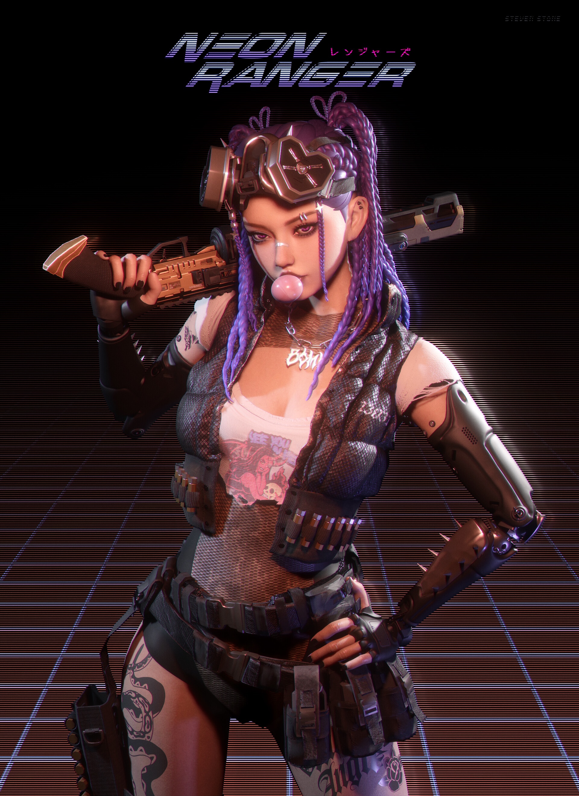 Neon Ranger with Purple Hair and Shotgun HD Phone Wallpaper