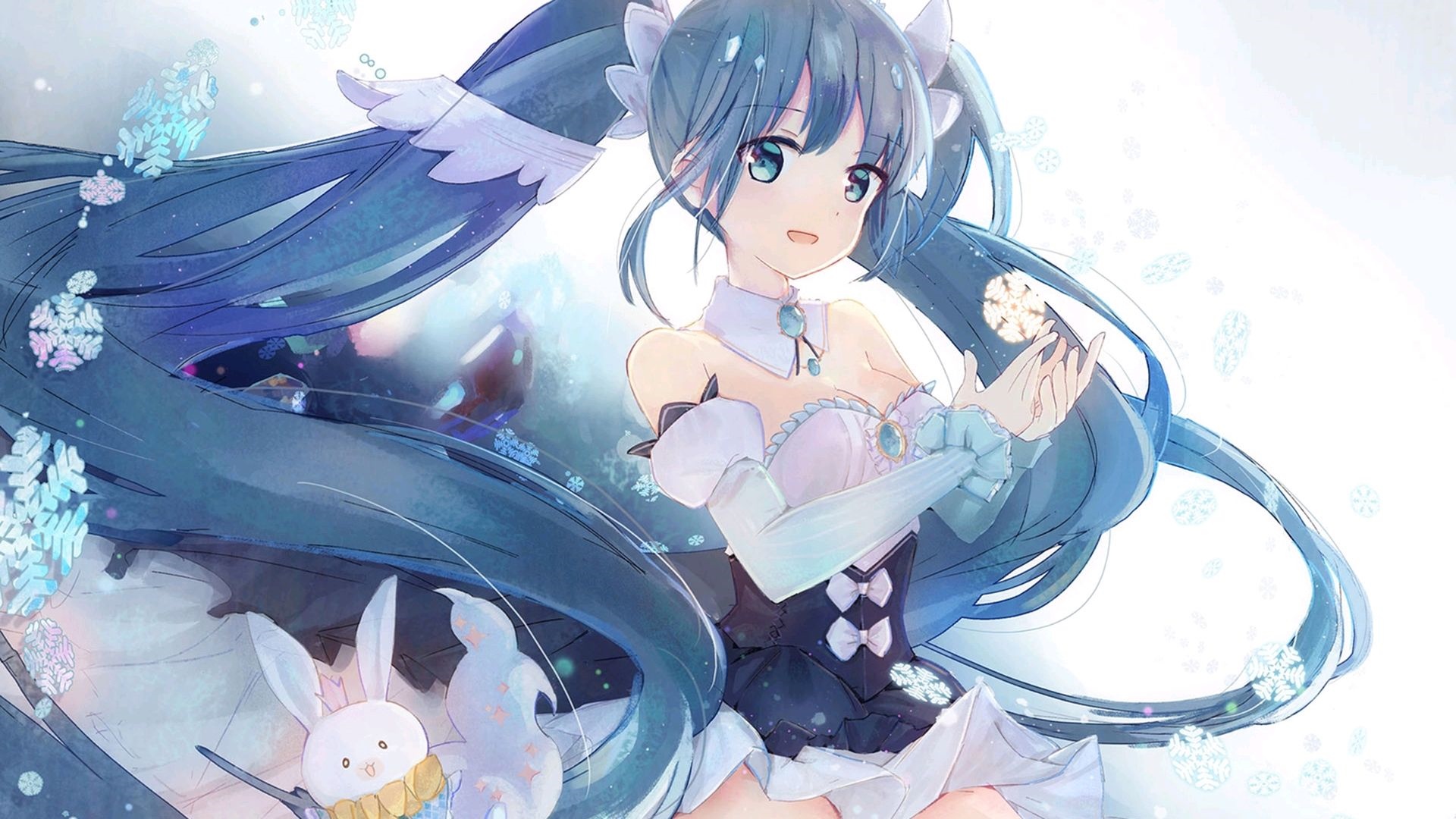Hatsune Miku with blue twintails and snowflakes HD Wallpaper
