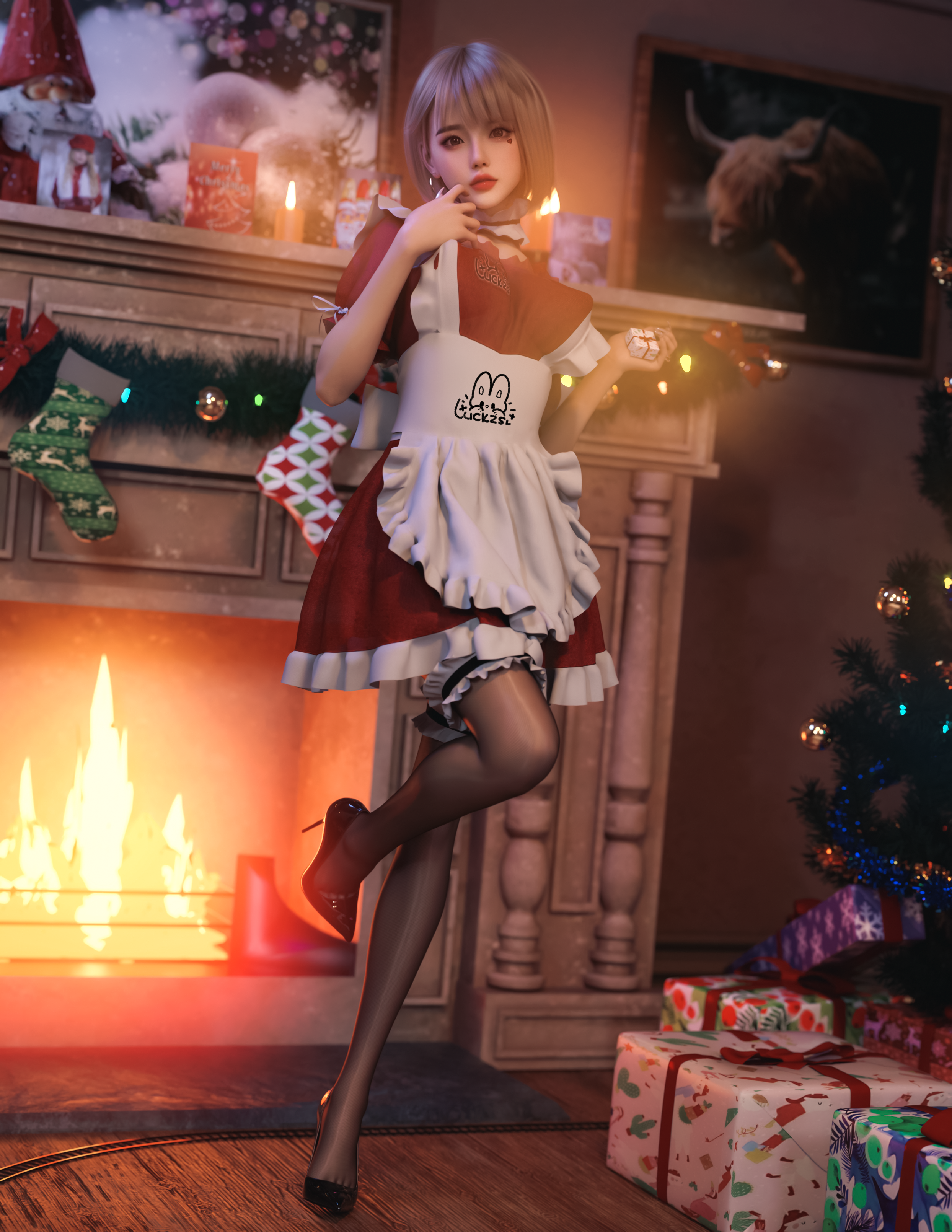 Maid in a Christmas-themed room with a fireplace HD Phone Wallpaper