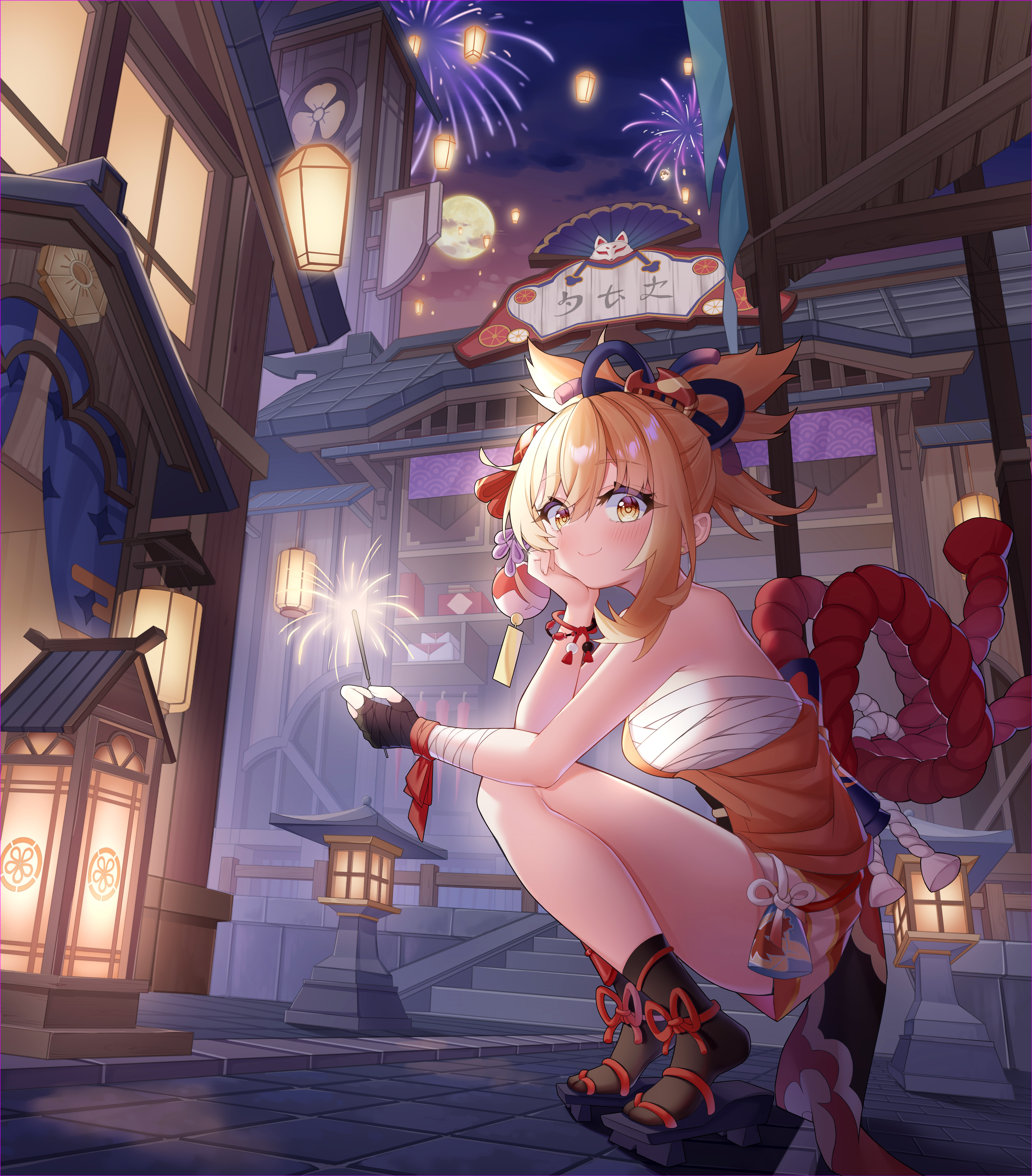 4K Genshin Impact Yoimiya with Fireworks HD Phone Wallpaper